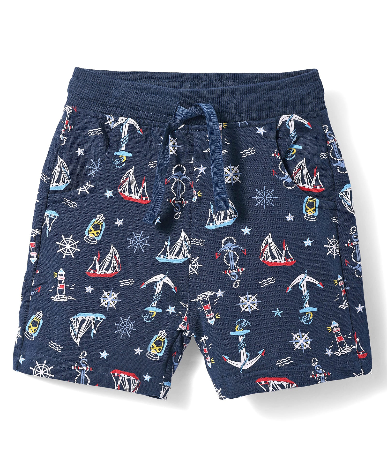 CUCUMBER Cotton Knit Knee Length Shorts with Nautical Theme Print - Navy Blue-picture-27