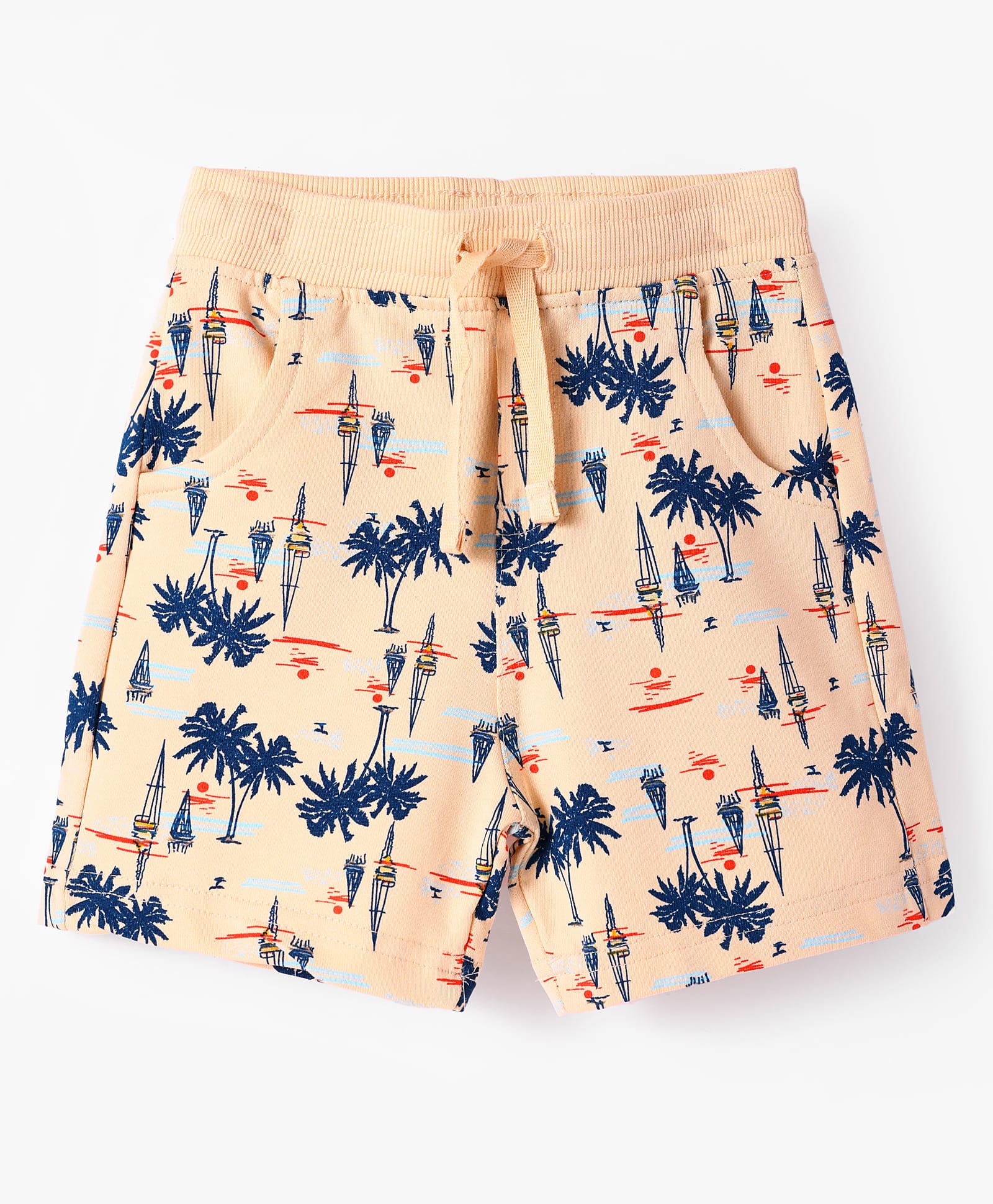 CUCUMBER Cotton Knit Knee length Shorts with Beach Theme Print - Cream-picture-26