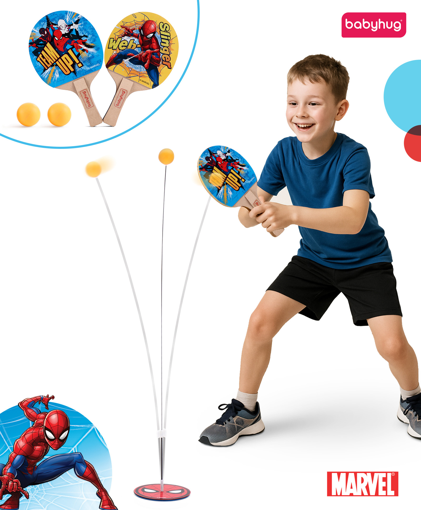 Babyhug Marvel Spiderman Wooden Table Tennis Trainer Toy Ping Pong Paddle Set for Kids|Portable Activity And Exercise Sports Toy with 2 Balls and 2 Wooden Rackets