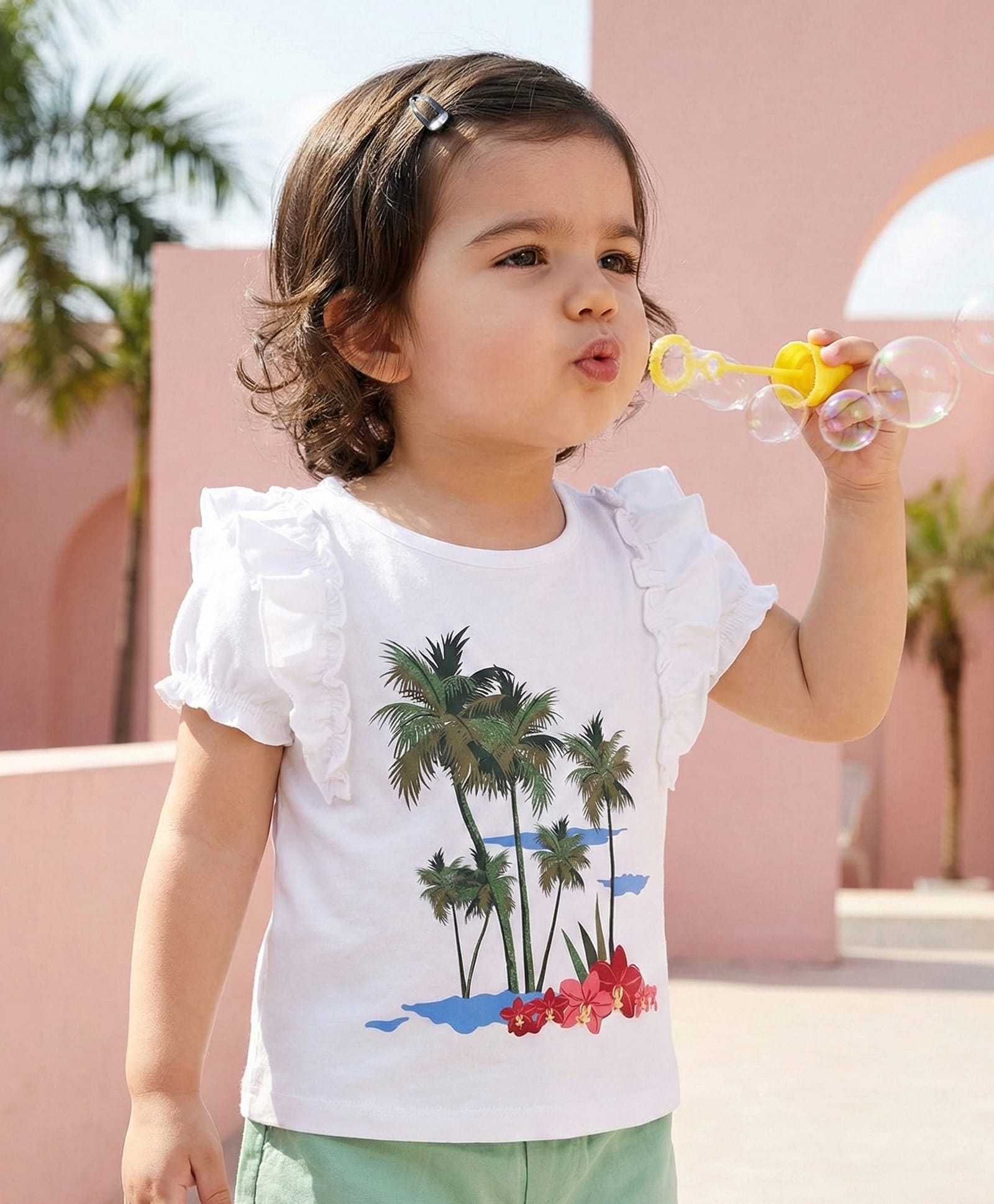 Babyoye Eco Conscious 100% Cotton Knit Half Puffed Sleeves T-Shirt with Beach Theme Print - White-picture-17