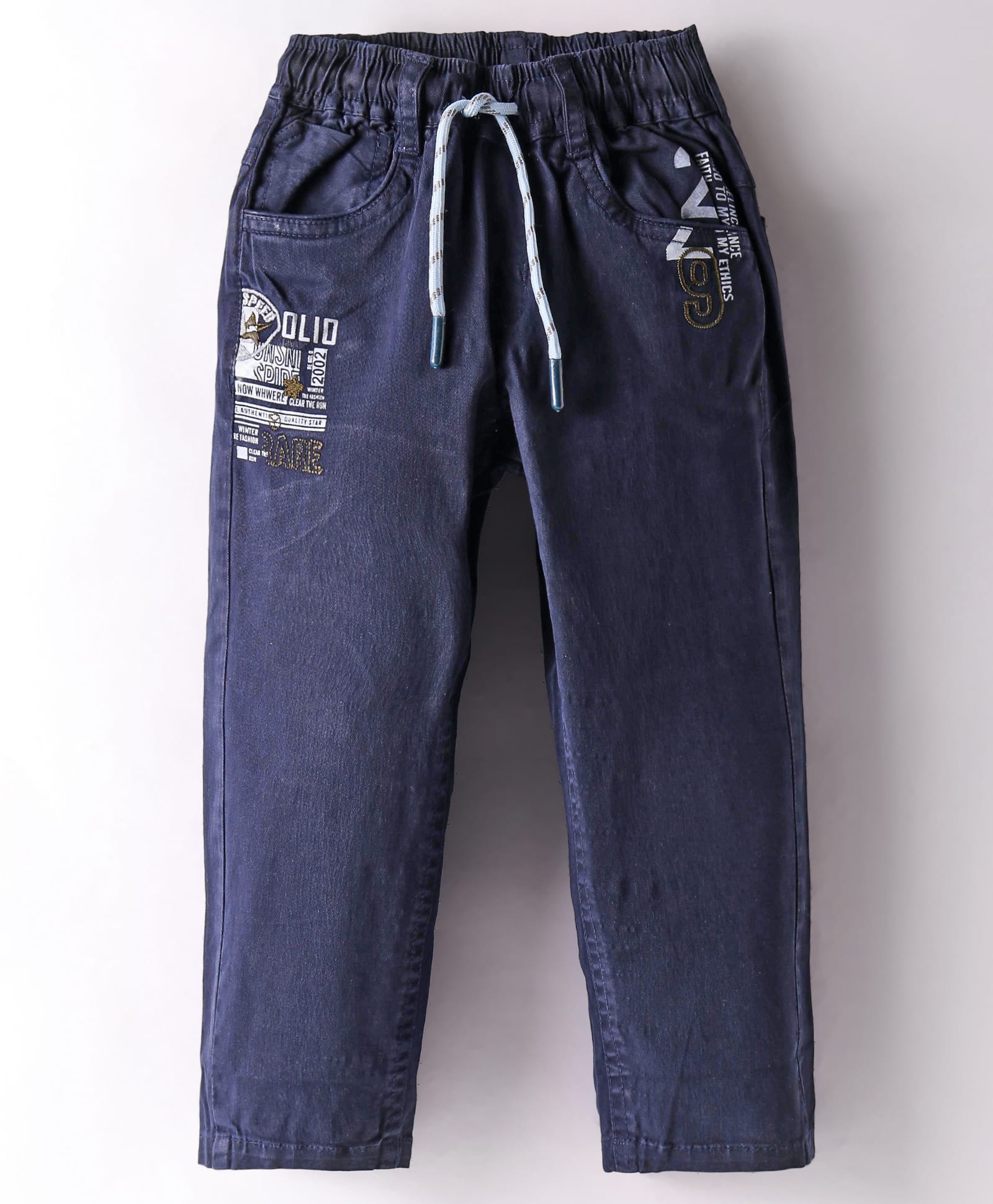 Olio Kids Cotton Woven Full LengthTrousers with Text Embriodery & Print - Navy Blue-picture-35