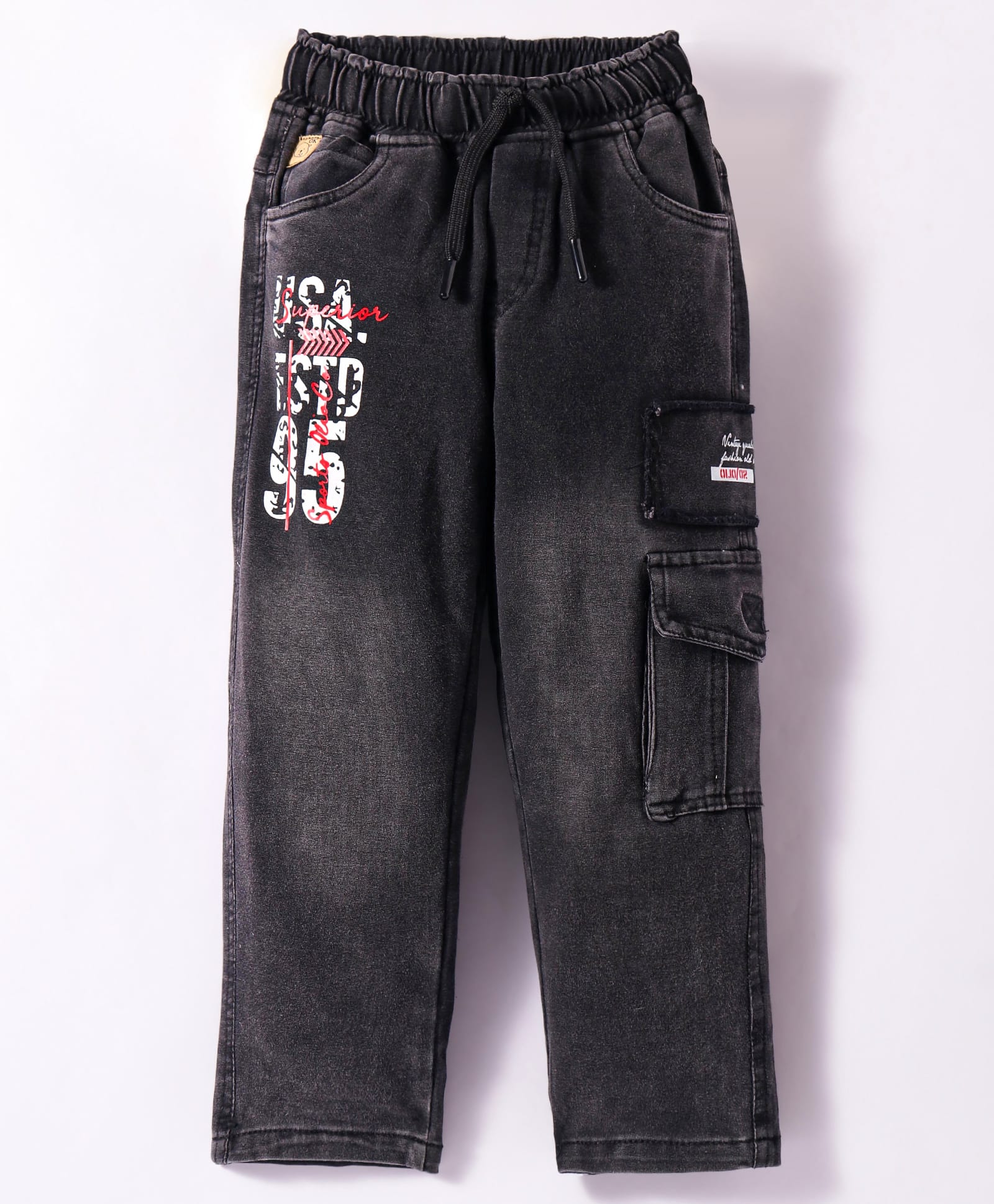 Olio Kids Denim Full Length Text Print Jeans - Black-image-2