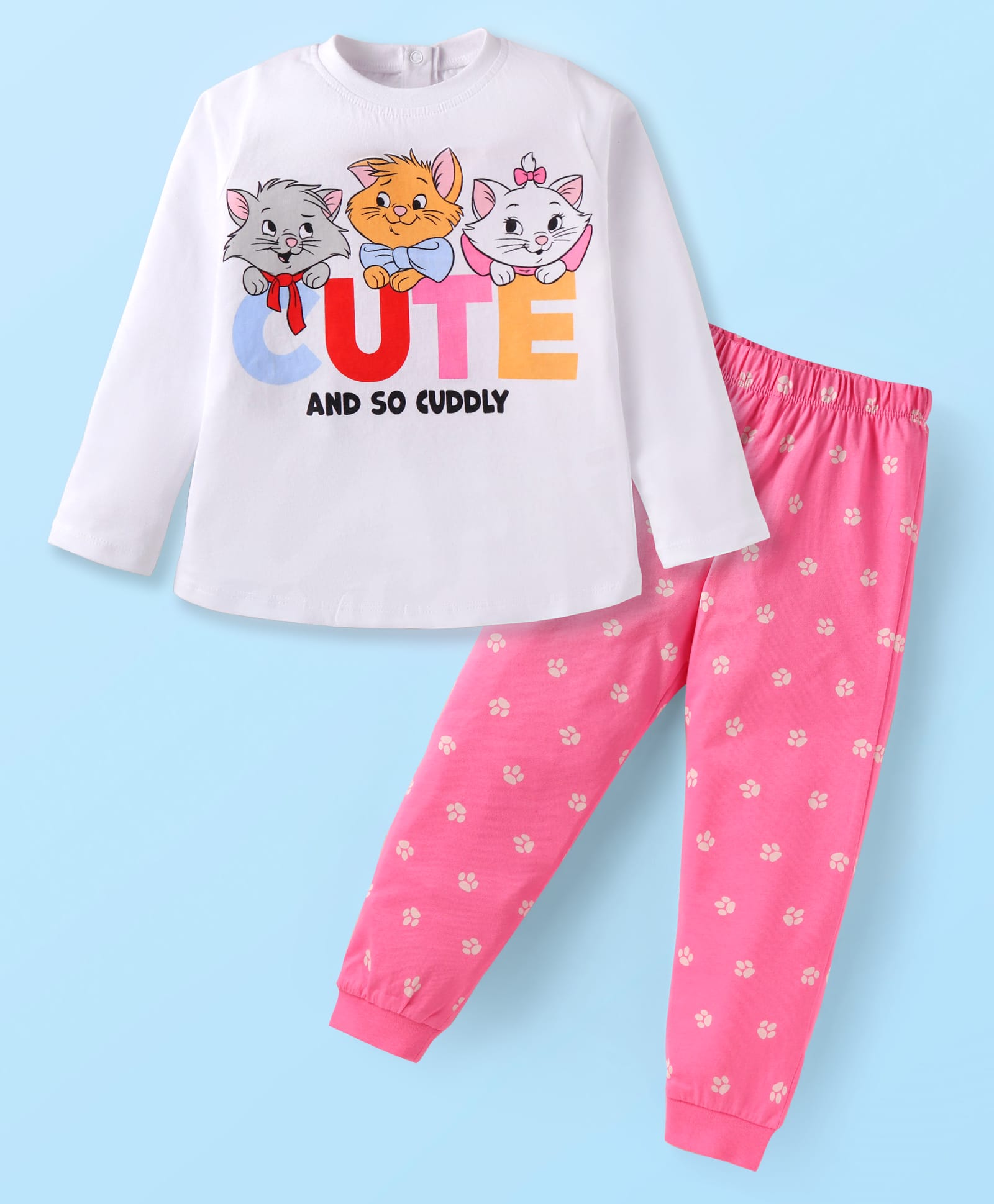 Babyhug Disney Single Jersey Knit Full Sleeves Night Suit with Aristocats Marie Print - White & Pink-picture-29