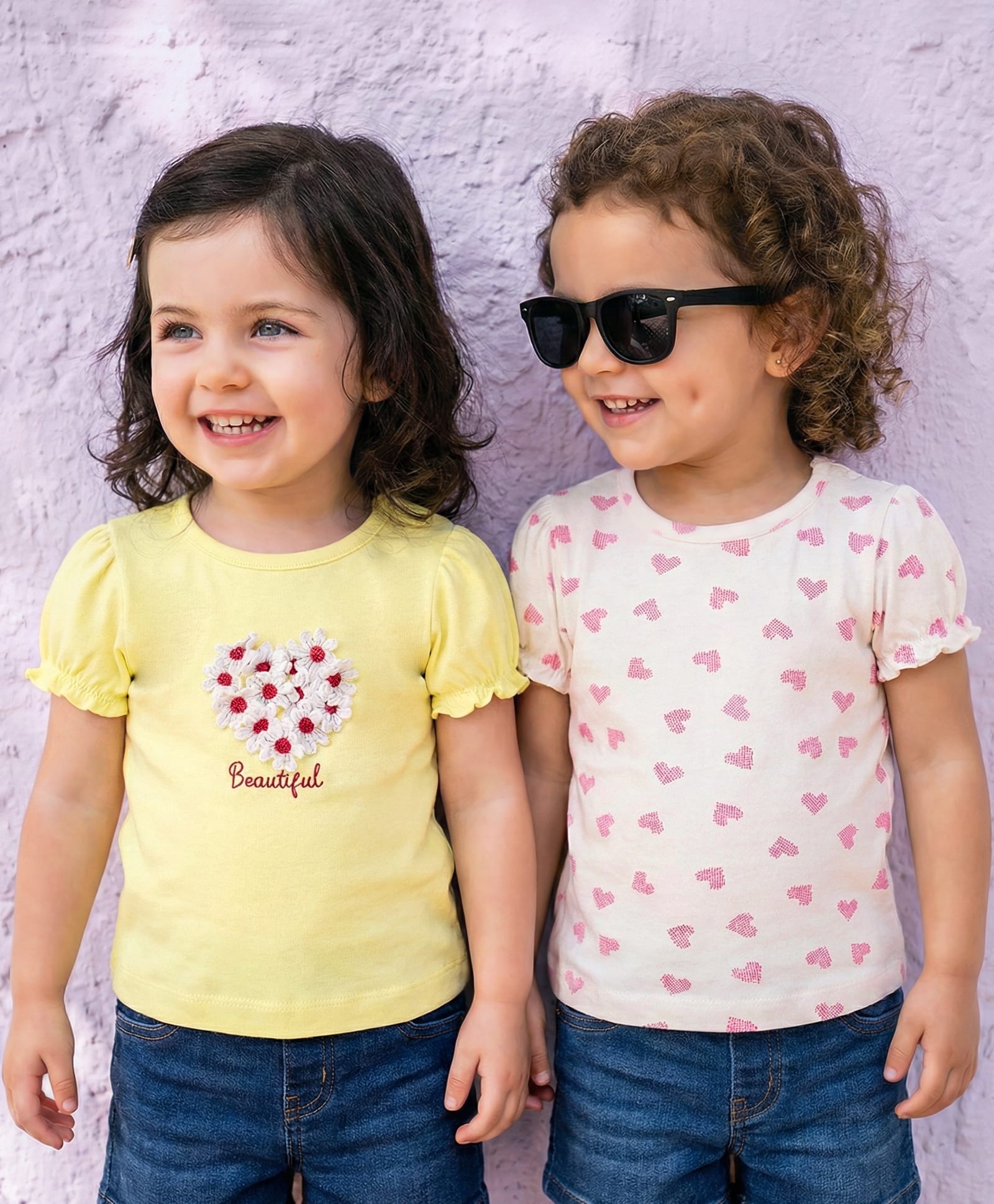 Babyoye Cotton Lycra Knit Half Sleeves Tops with Heart Print & Floral Applique Pack of 2 - Light Pink & Yellow-image-33