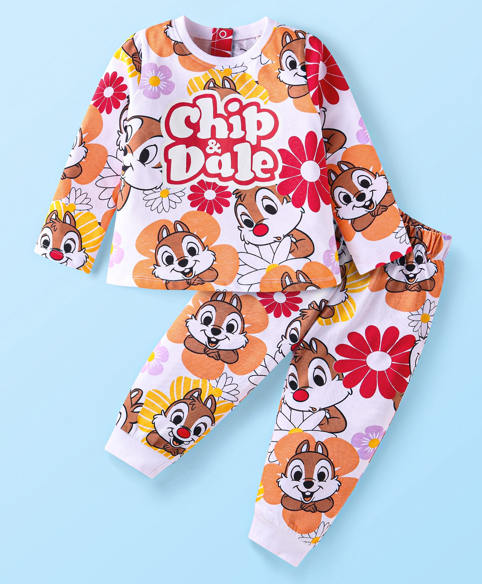 Babyhug Disney Cotton Knit Full Sleeves Night Suit With Chip n Dale Graphics - Light Orange-image-47