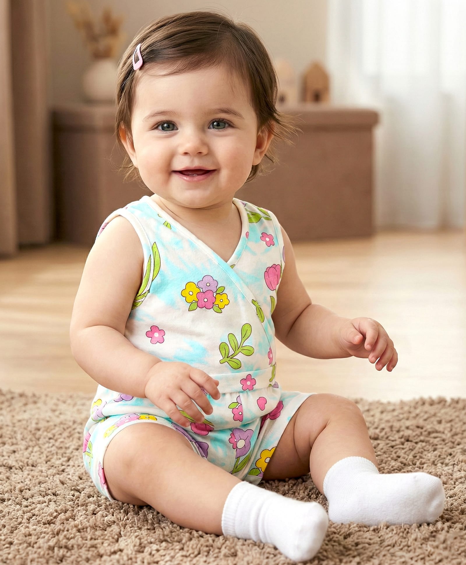 Babyoye Cotton Terry Knit Sleeveless Jumpsuit with Floral Print & Fabric Belt - White