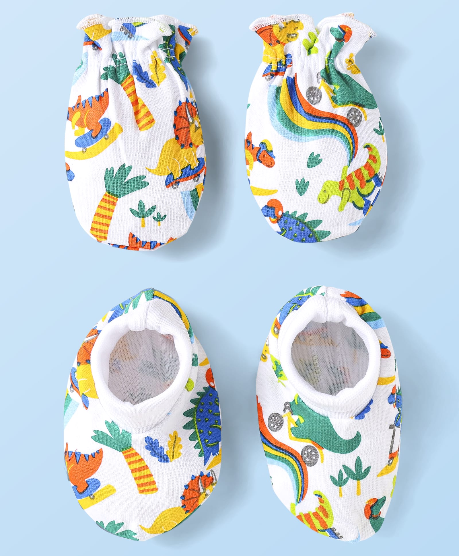Babyhug 100% Cotton Interlock Knit Mittens & Booties Set With Dino Print - White-picture-23