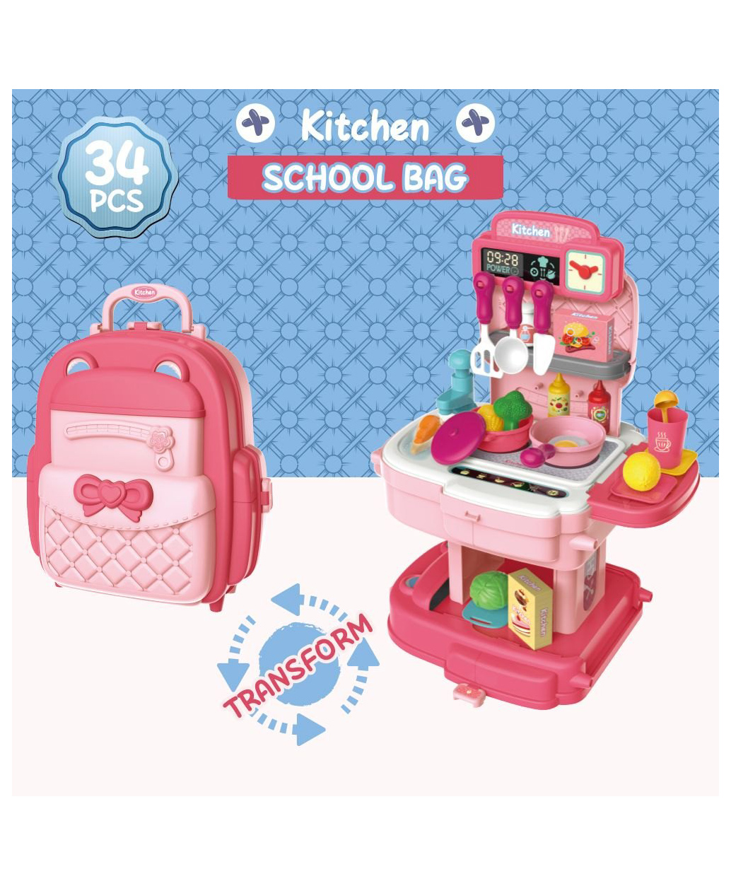 SANISHTH 34 Piece School Bag Packing Pretend Play Cooking Game Modern Children Kitchen Set Toy for Kids Girls ( Pink )-image-45