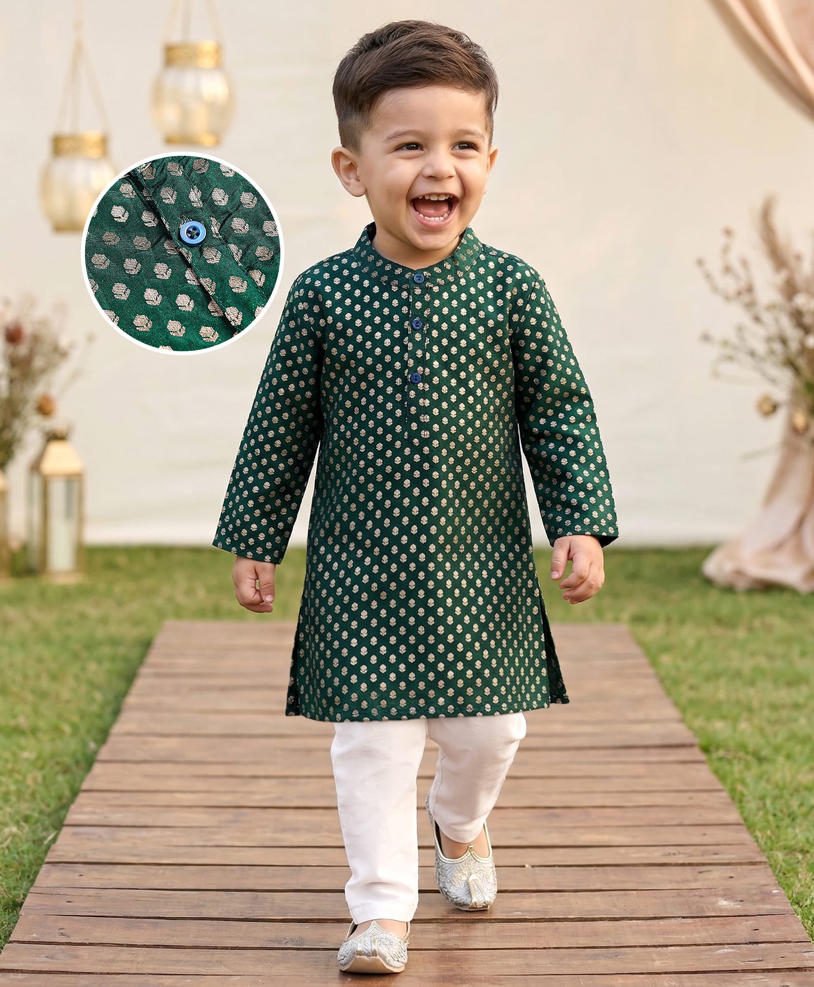 Babyhug Woven Full Sleeves Foil Printed Kurta Pajama Set - Dark Green-image-48