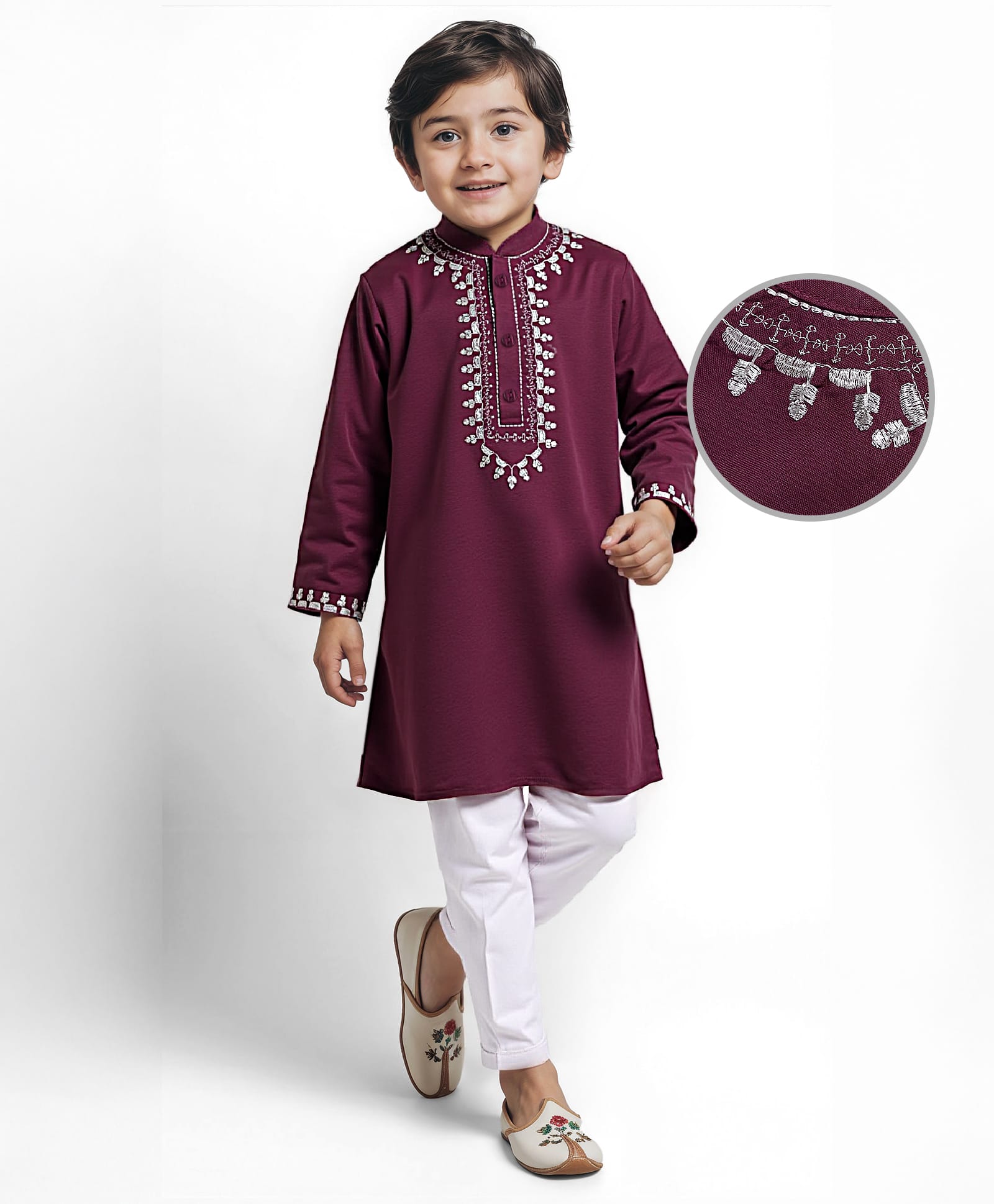 Babyhug Cotton Woven Full Sleeves Kurta Pyjama Set With Floral Embroiderey on Placket - Wine & White-image-44
