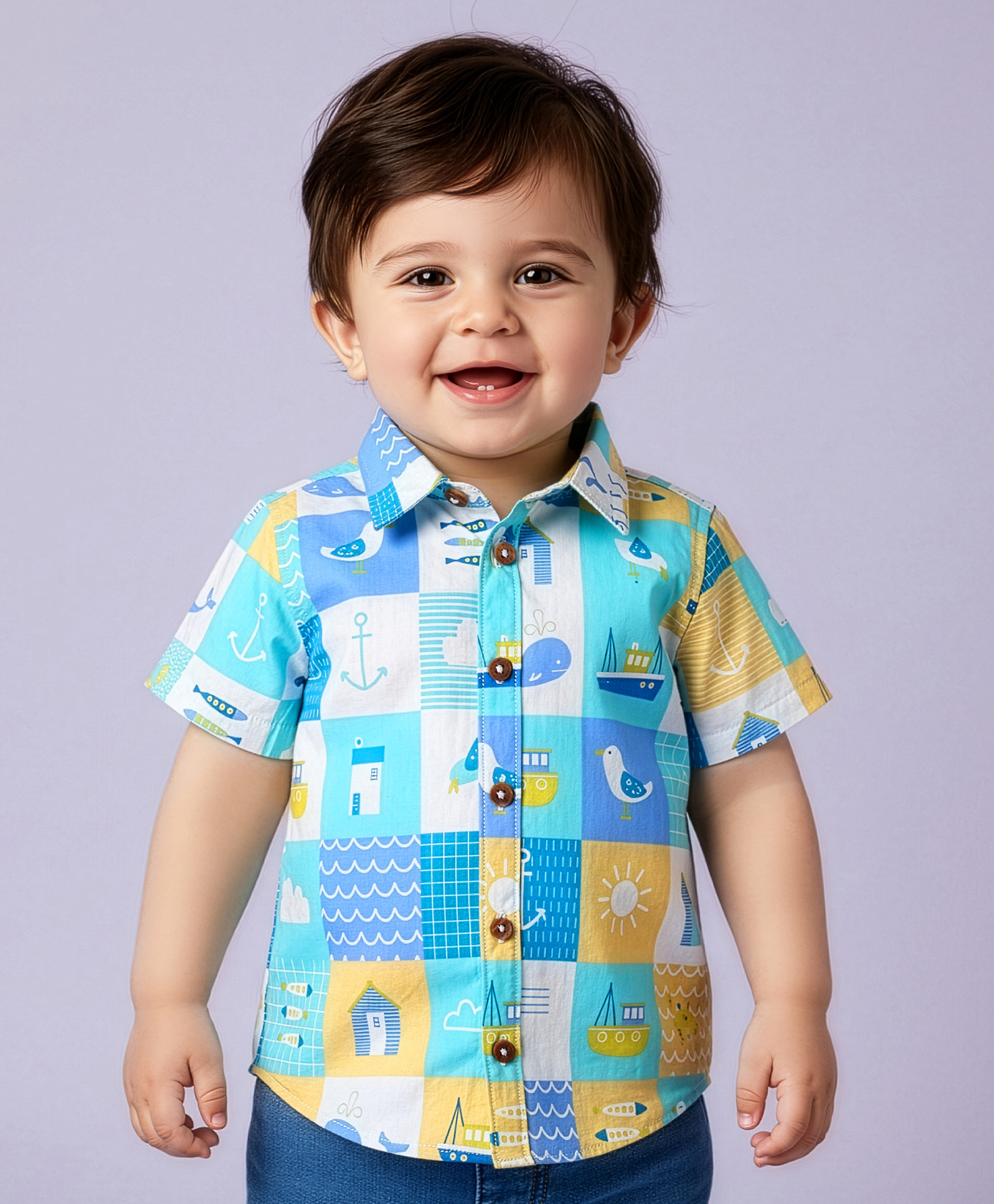 Babyoye Poplin Woven Half Sleeves Shirt With Boat Print - Light Blue-image-36