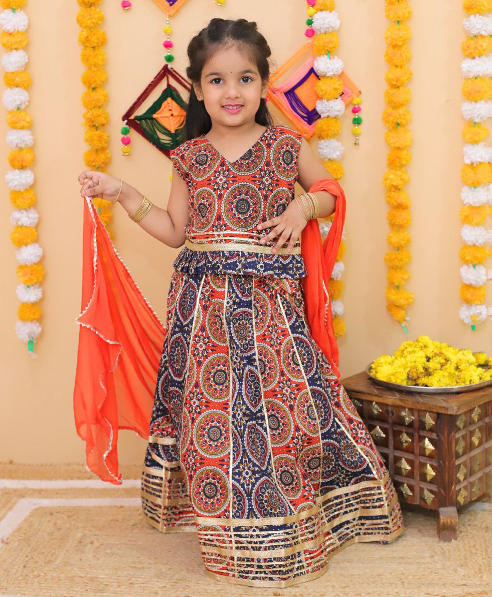 Vastrarth Sleeveless Floral Printed & Lace Embellished Lehenga Choli With Dupatta Set - Orange & Blue-image-20