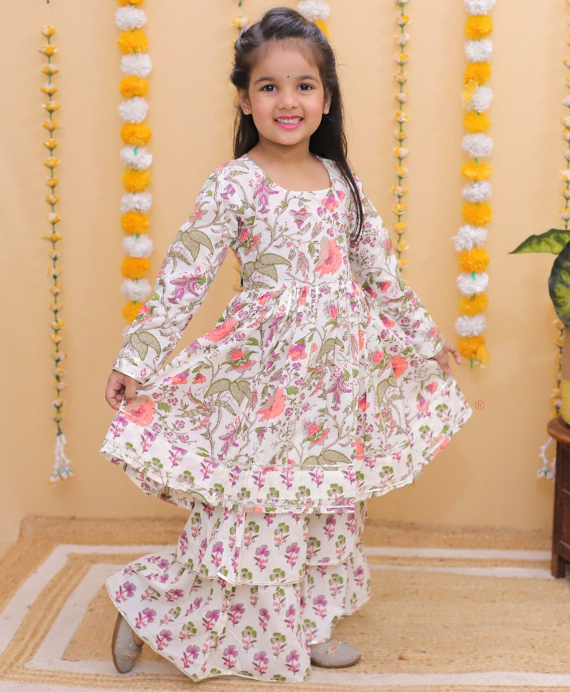 Vastrarth Pure Cotton Full Sleeves Floral Printed & Lace Embellished Coordinating Kurta & Sharara Set - White & Purple-image-43