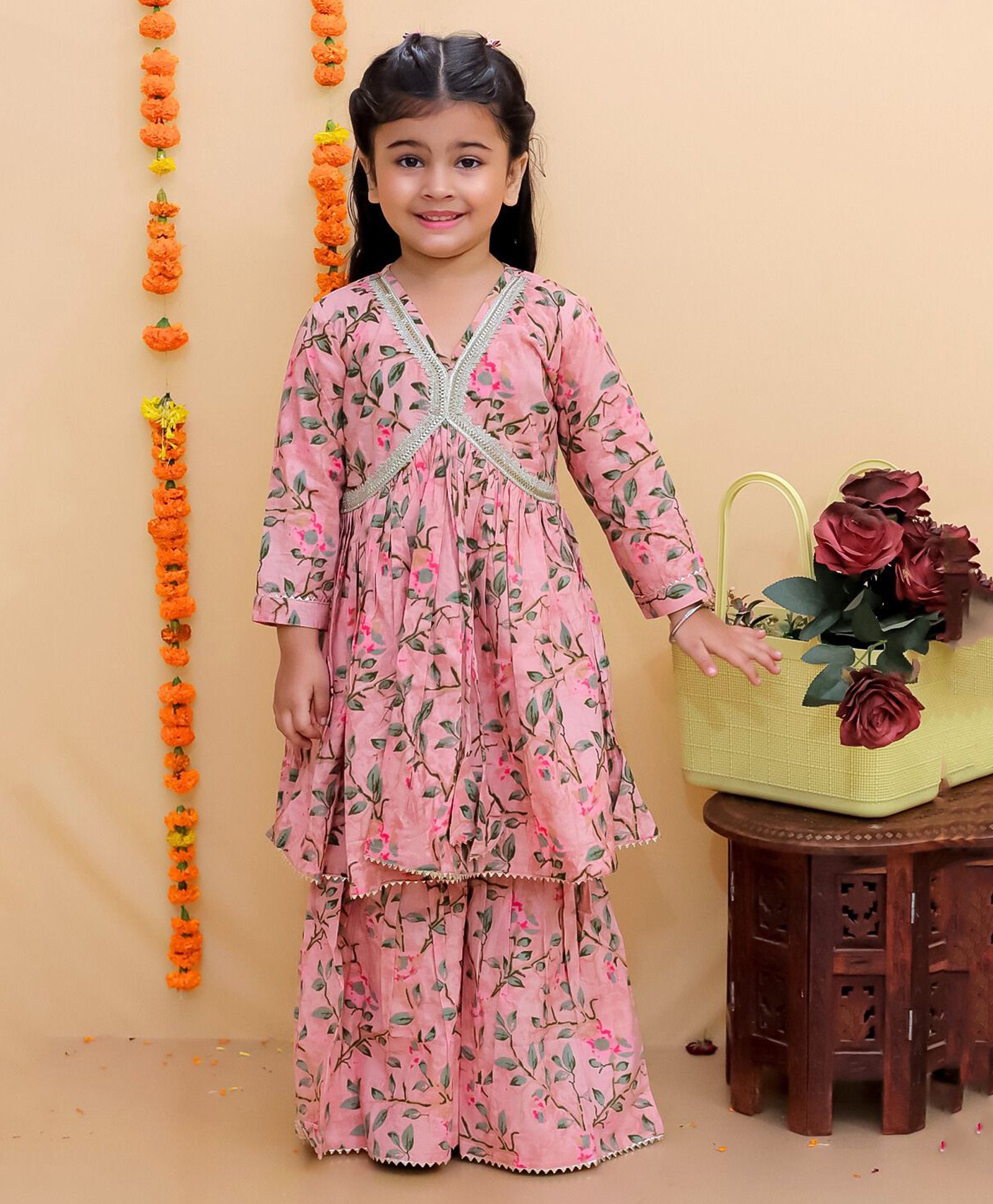 Vastrarth Cotton Three Fourth Sleeves Floral Printed & Lace Embellished Kurta Sharara Set - Pink-picture-13