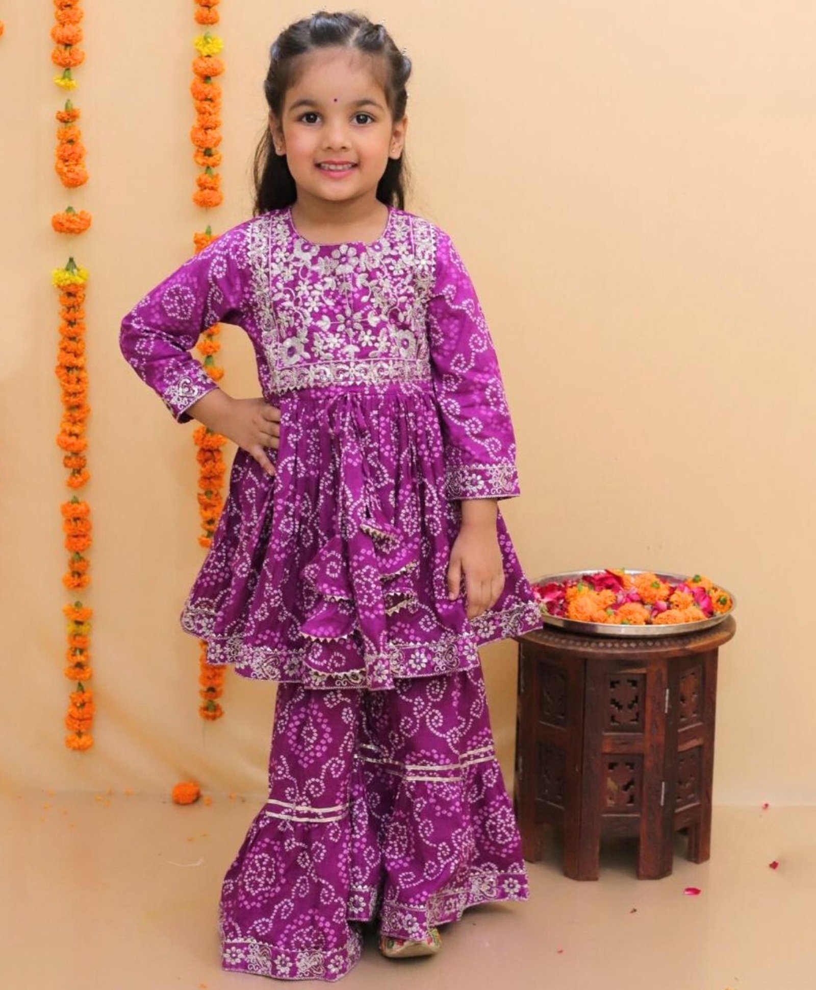 Vastrarth Cotton Three Fourth Sleeves Floral Bandhani Printed & Embroidered Kurta Sharara Set - Purple-picture-10