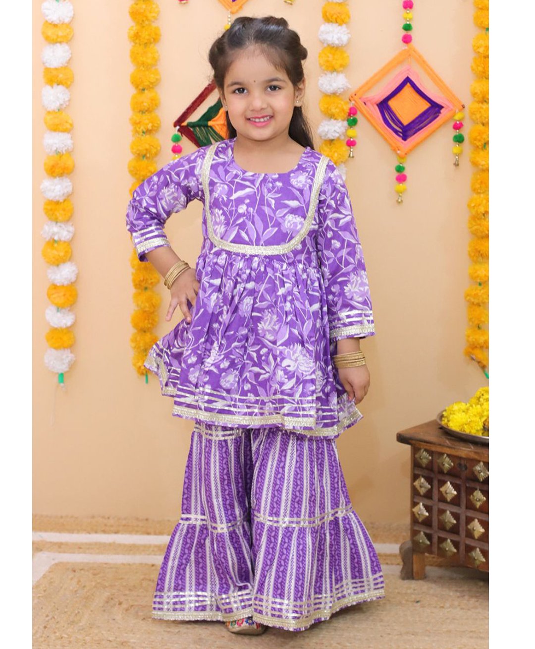 Vastrarth Three Fourth Sleeves Floral Printed & Lace Embellished Kurta Sharara Set - Purple-image-40