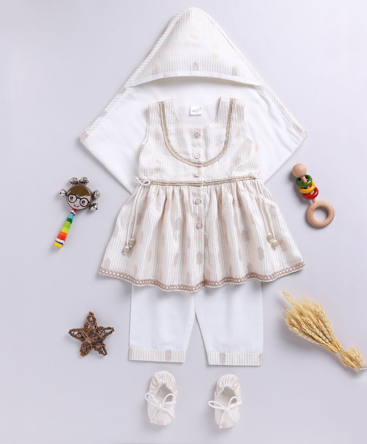 Vastramay Sleeveless Ethnic Foil Printed Kurta With Kantha Work Detailed Pant Swaddle & Booties Set - Cream-picture-17