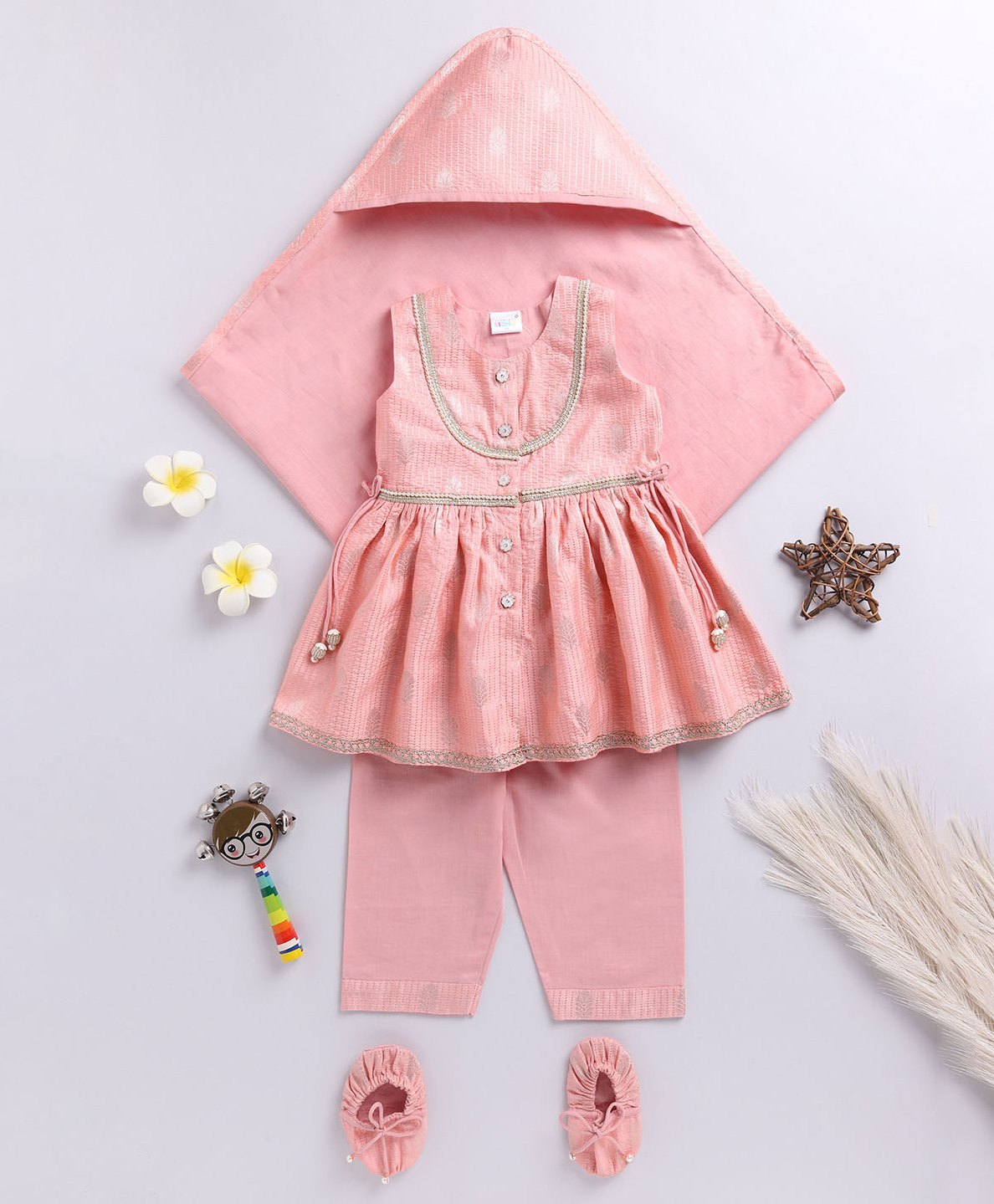 Vastramay Sleeveless Ethnic Foil Printed Kurta With Kantha Work Detailed Pant Swaddle & Booties Set - Pink-image-30