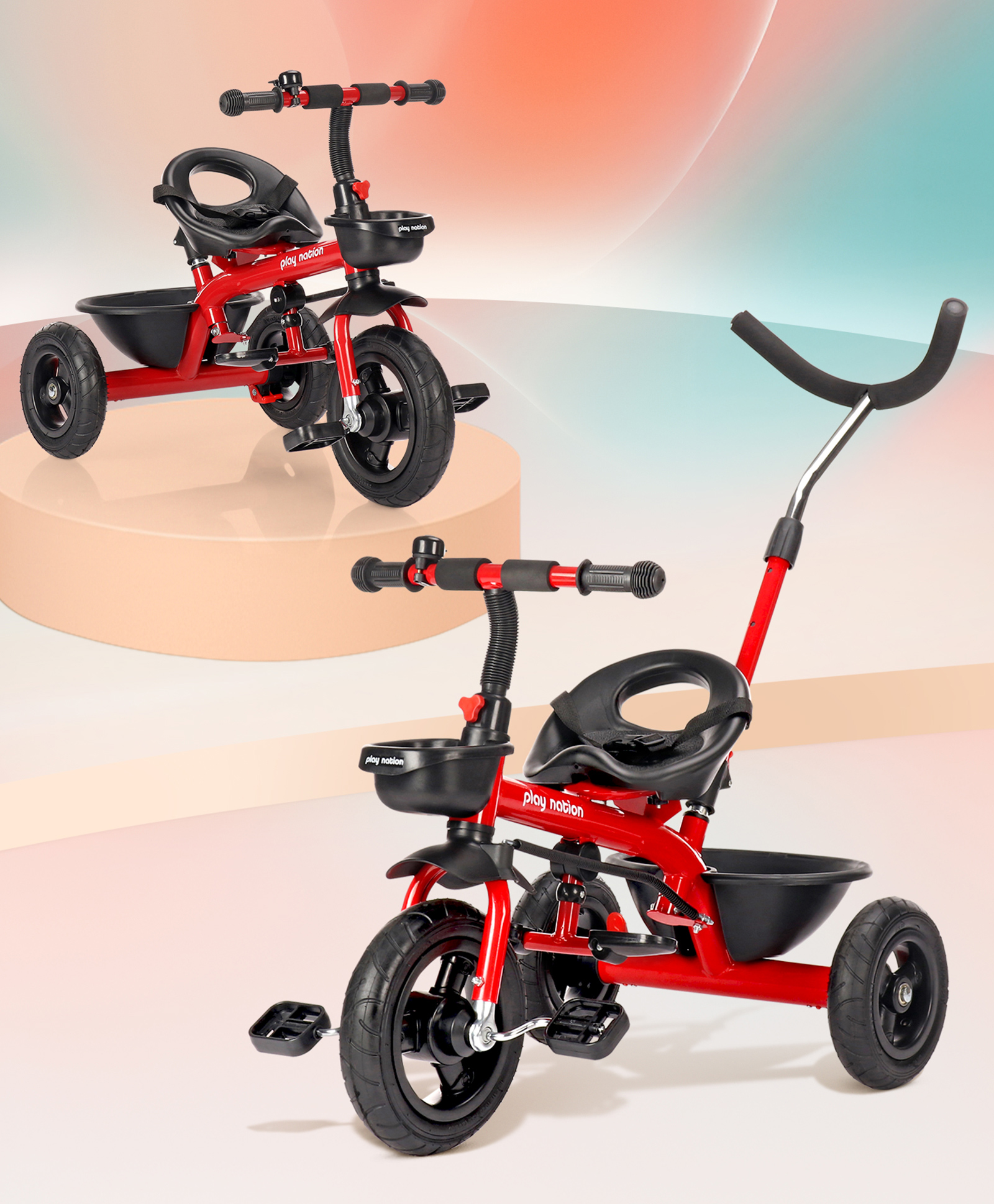 Play Nation Cruise Plug & Play Trike with Mild Steel Frame & Parental Handle Front & Rear Storage Basket with 3 Rubber Wheels Foldable Foot Rest & Bell 9 Inches - Red-picture-19