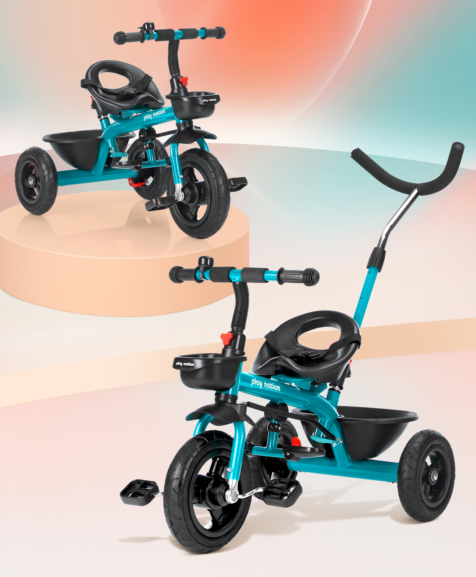 Play Nation Cruise Plug & Play Trike with Mild Steel Frame & Parental Handle Front & Rear Storage Basket with 3 Rubber Wheels with Foldable Foot Rest & Bell - Blue-picture-26