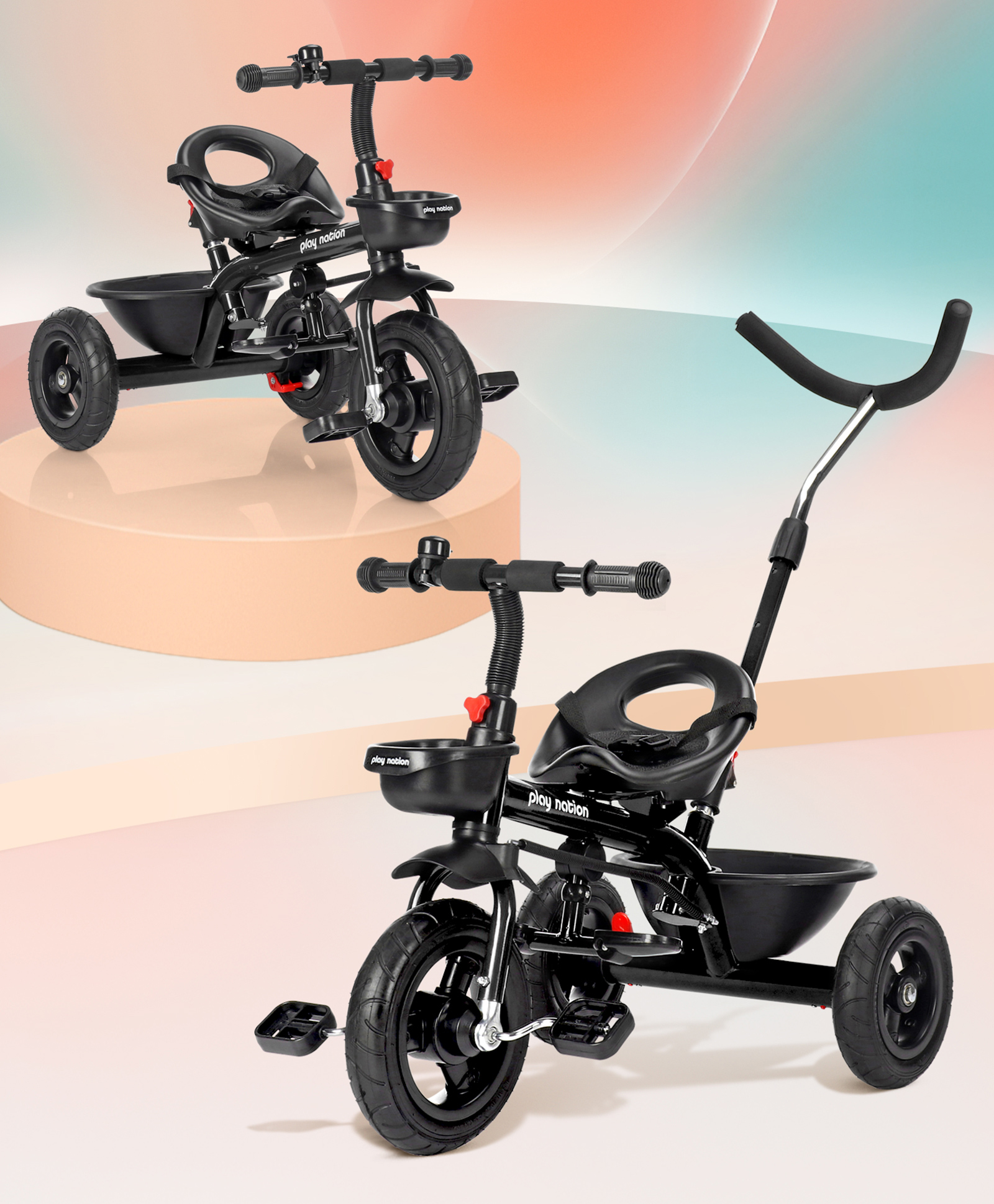Play Nation Cruise Plug & Play Trike with Mild Steel Frame & Parental Handle Front & Rear Storage Basket with 3 Rubber Wheels with Foldable Foot Rest & Bell - Orange-image-29