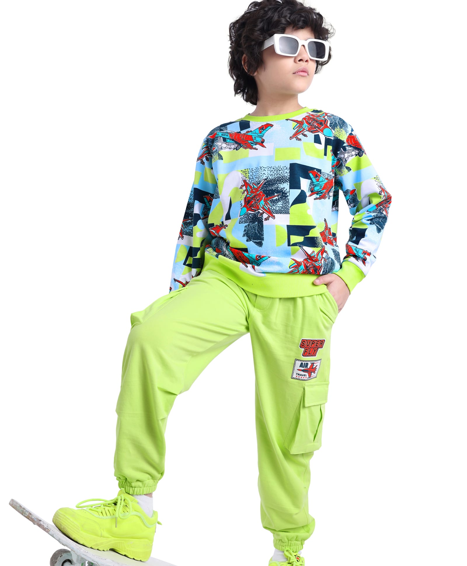 Ollington St. 100% Cotton Knit Full Sleeves Sweatshirt & Joggers Set With Airplane Print - Lime Green & Blue-picture-19