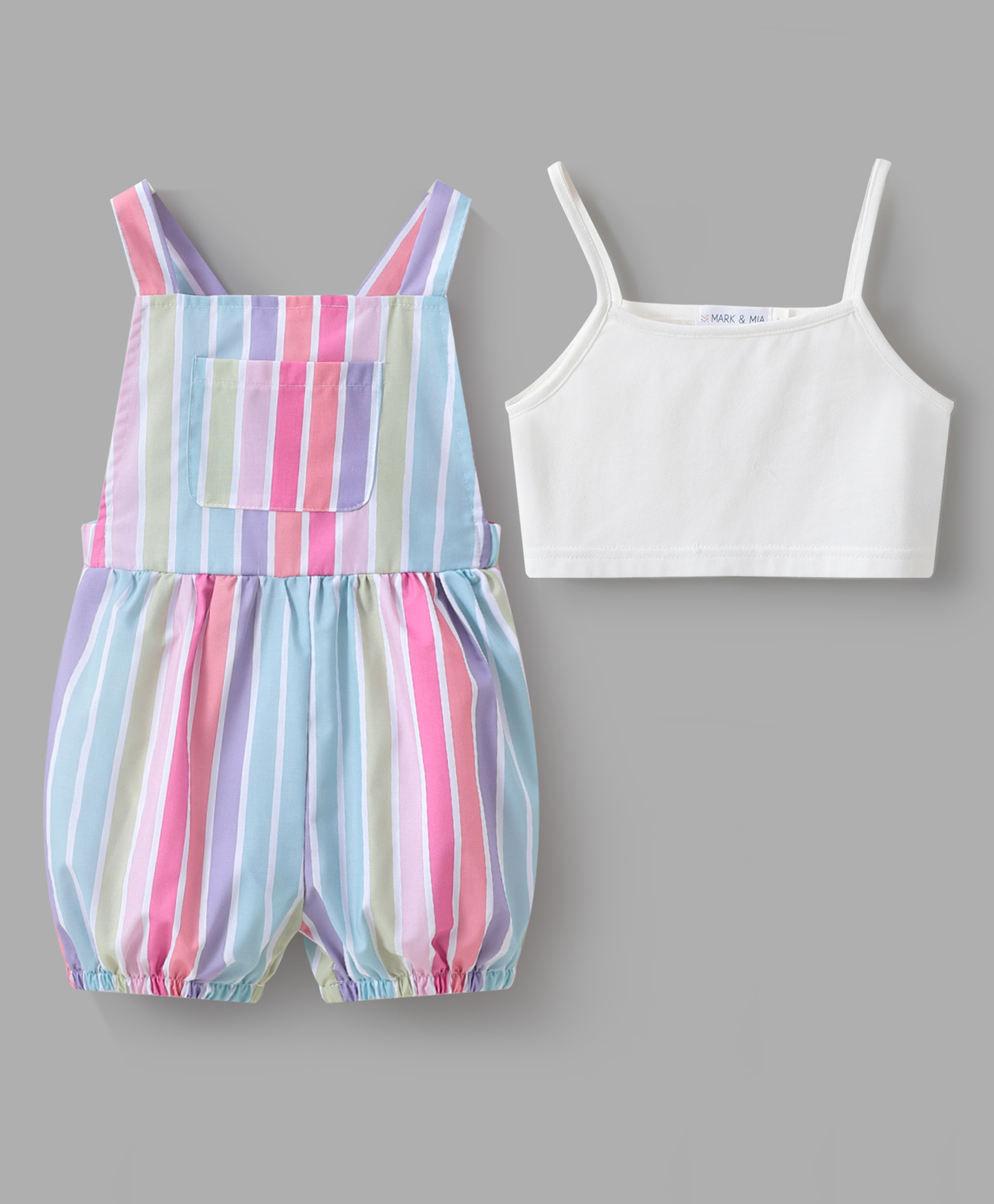 Mark & Mia Striped Dungaree & Sleeveless Solid Color Inner Tee - Light Blue Pink & White-picture-19
