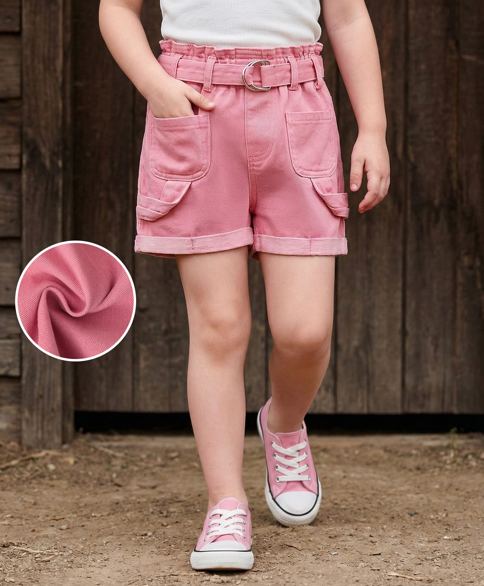 Mark & Mia Denim Washed Shorts with Fabric Belt - Pink-picture-31