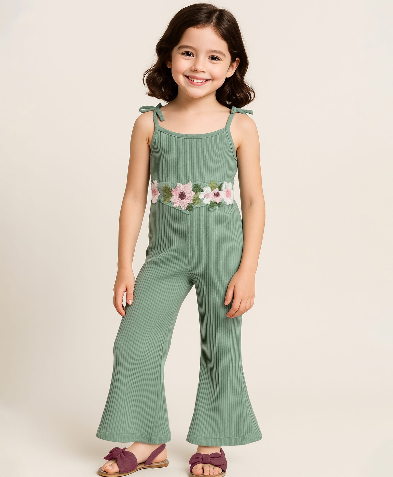 Mark & Mia Cotton Singlet Sleeves Boot Cut Jumpsuit with Floral Corsage - Green