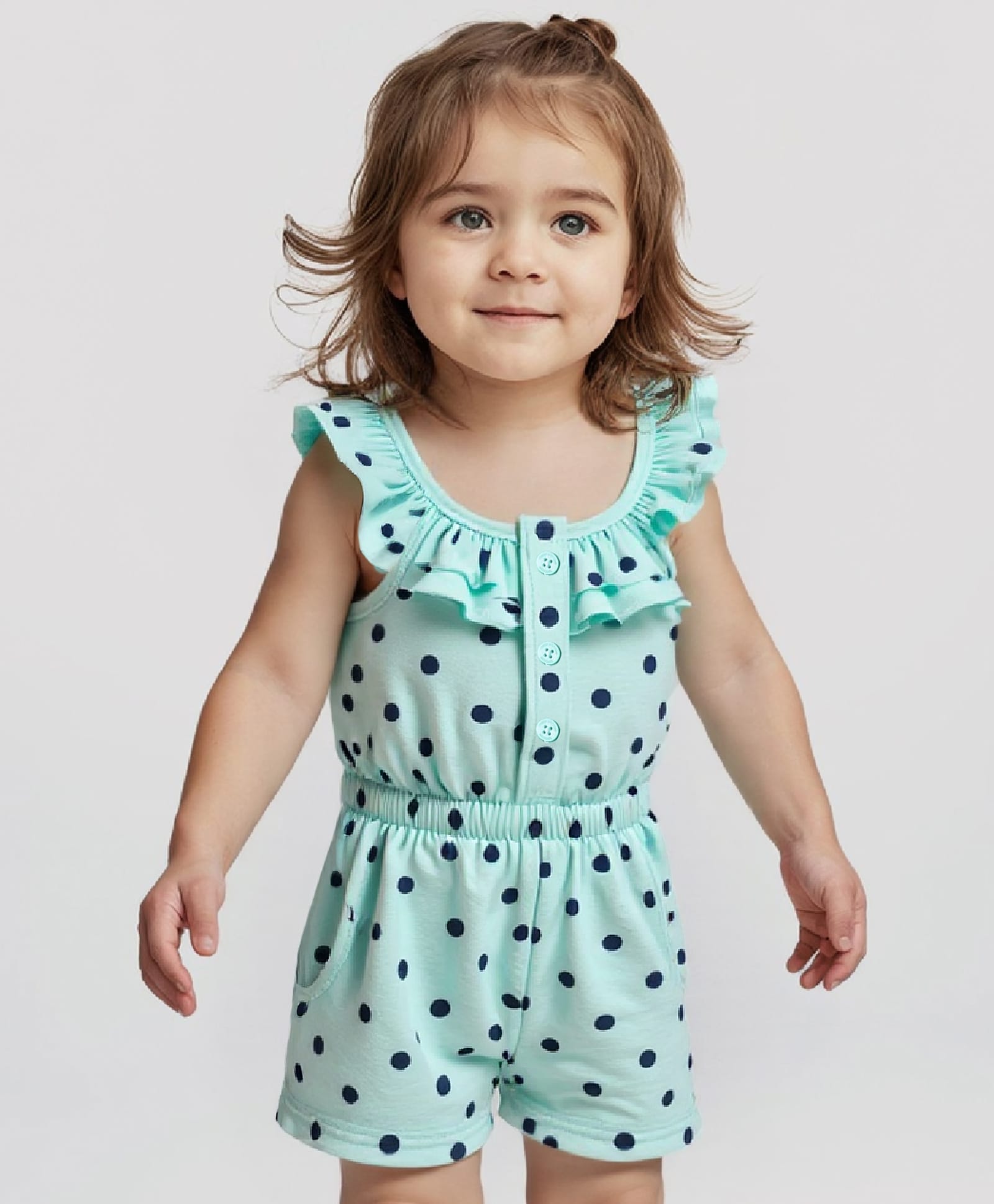 Babyoye Cotton Lycra Knit Singlet Sleeves Polka Dots Printed Romper with Frill Detailing - Aqua Blue-picture-15