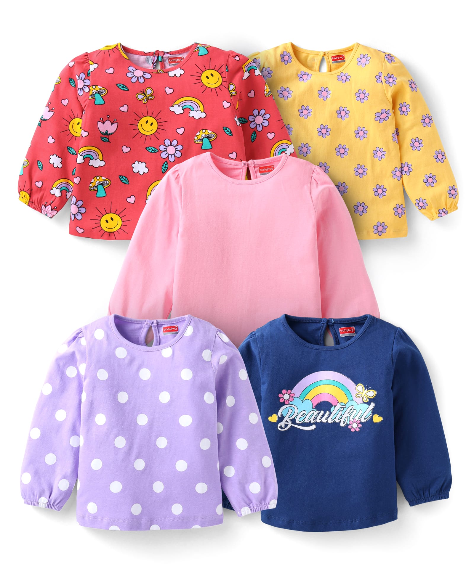 Babyhug Cotton Knit Full Sleeves T-Shirts With Floral & Polka Dot Print Pack of 5 - Multi Colour-image-40