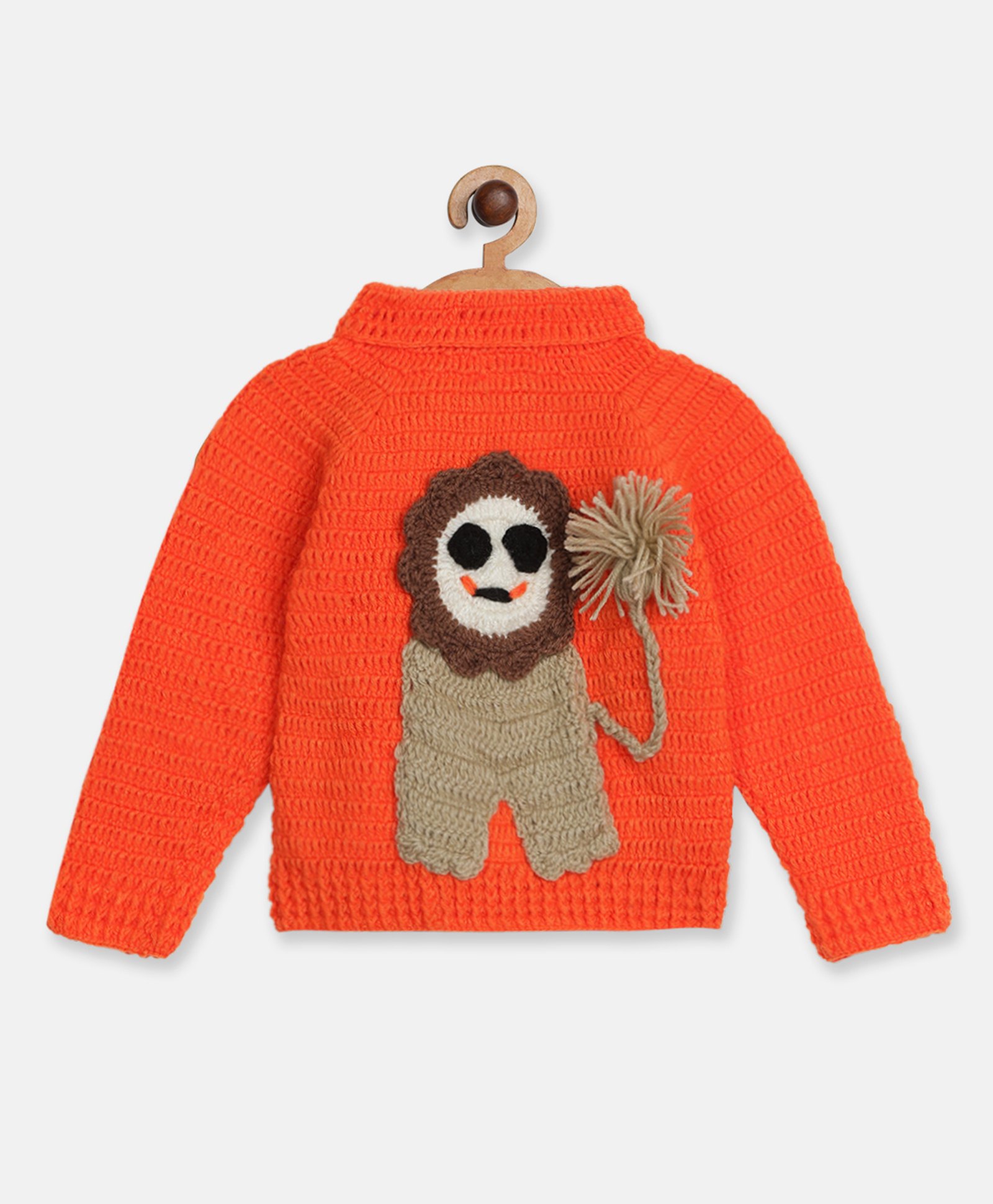 MayRa Knits Hand Knitted Full Sleeves Lion Crochet Designed Sweater - Orange-picture-11