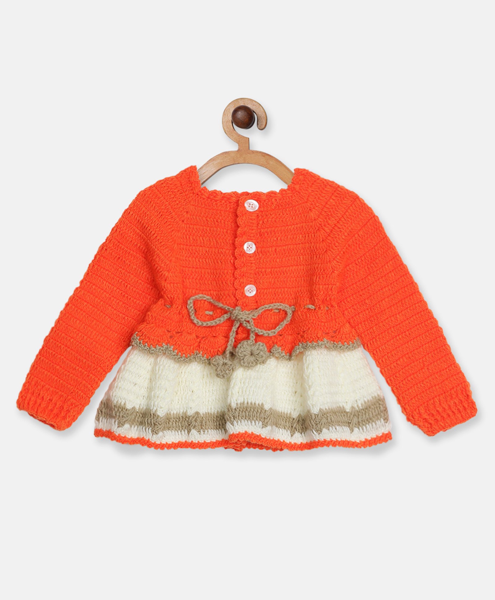 MayRa Knits Hand Knitted Full Sleeves Colour Blocked Dress - Orange-image-20