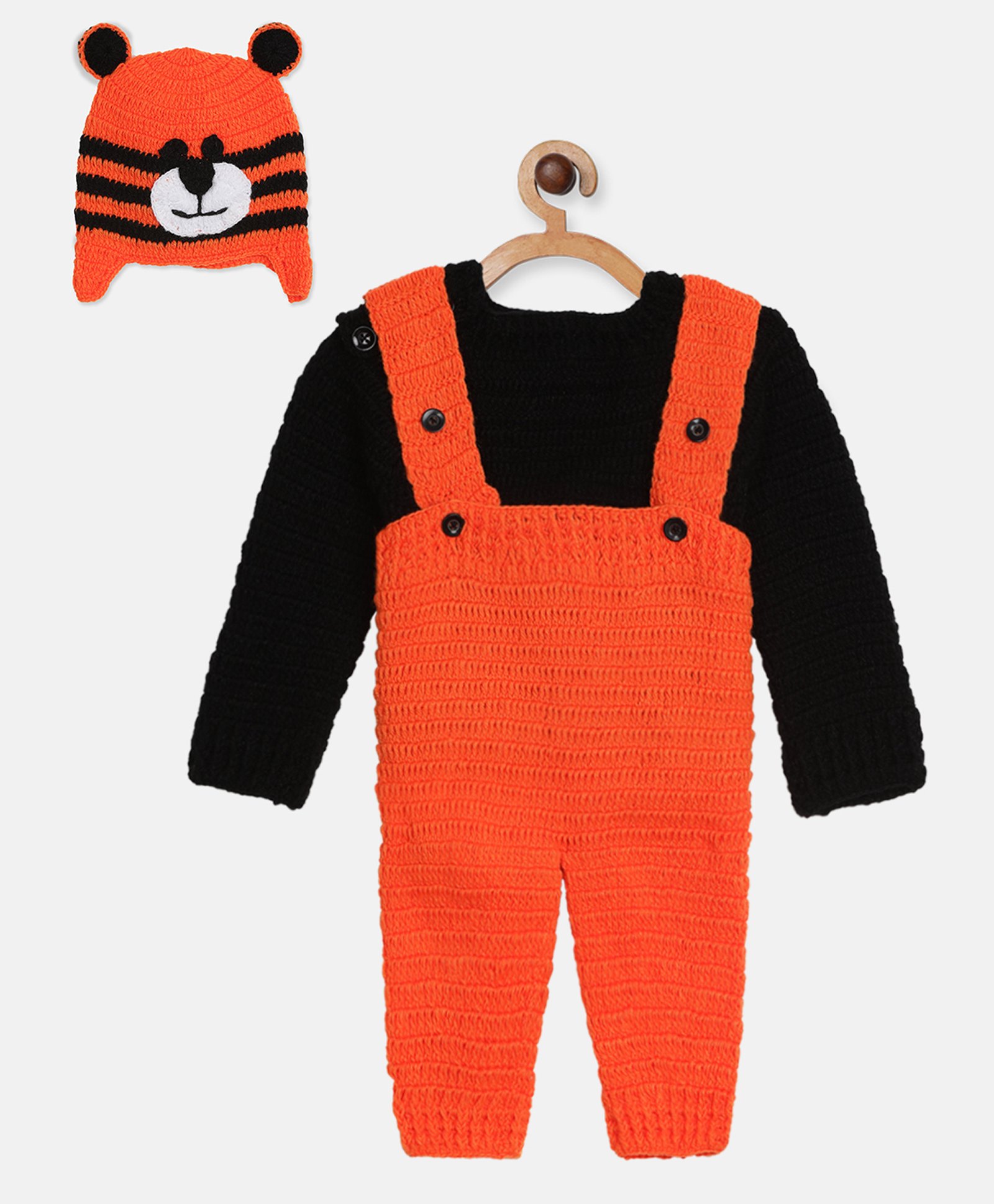 MayRa Knits Hand Knitted Full Sleeves Lion Crochet Designed Dungaree Set - Orange-image-45