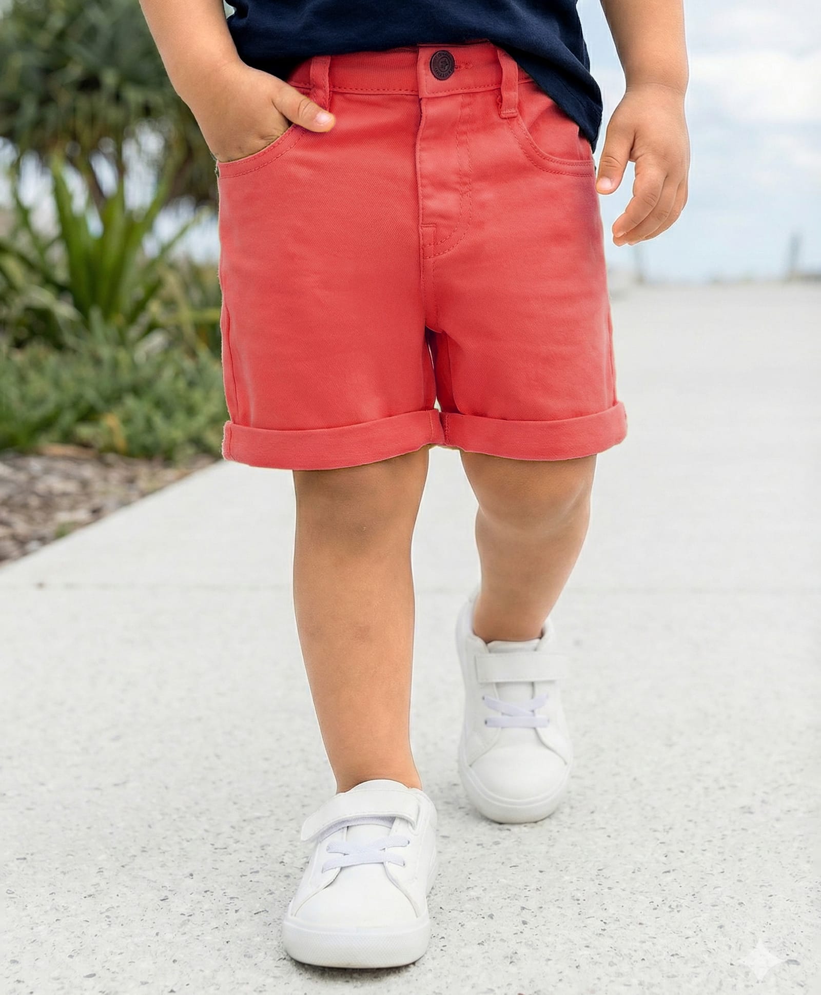 Babyhug Washed Denim Mid Thigh Shorts With Stretch - Coral-image-28