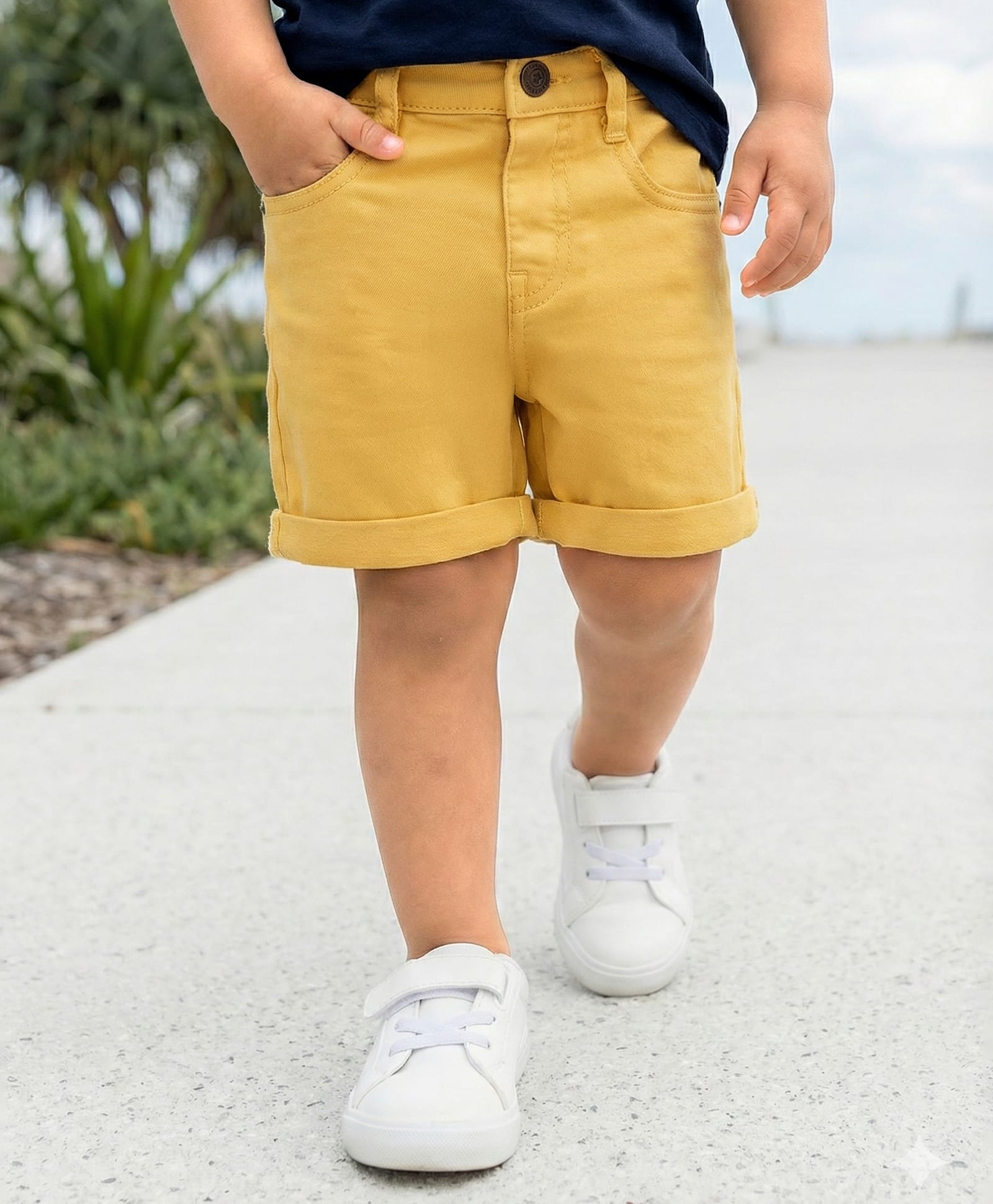 Babyhug Washed Denim Mid Thigh Shorts With Stretch - Yellow-image-27