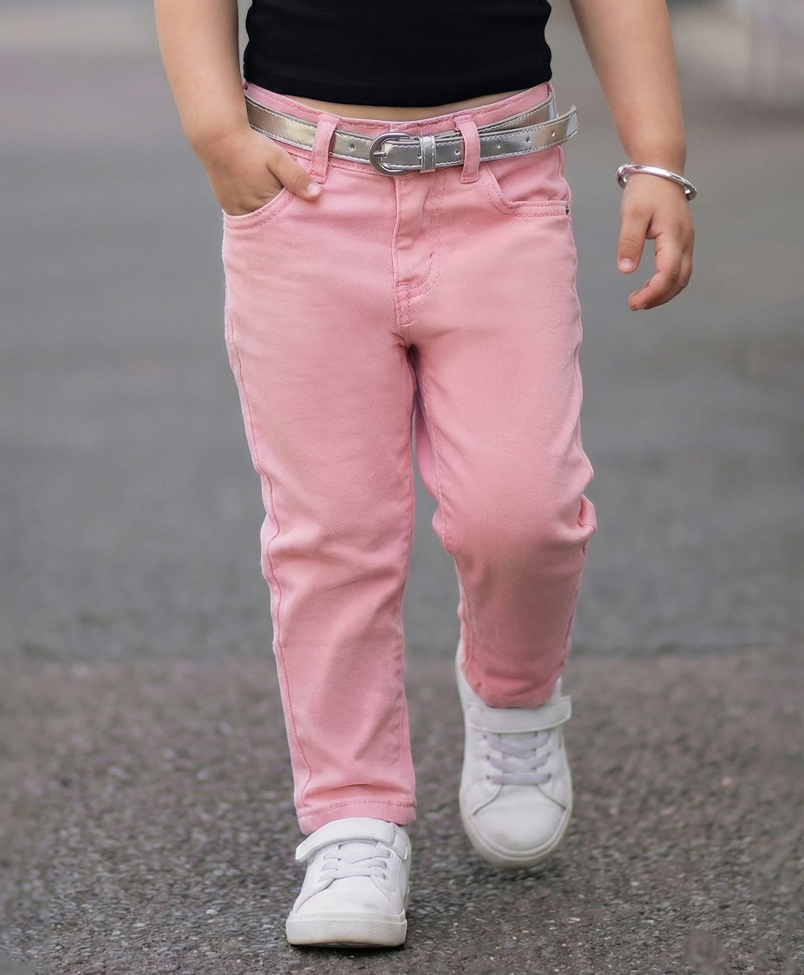 Babyhug Denim Full Length Washed Jeans With Stretch & Belt - Pink-picture-19