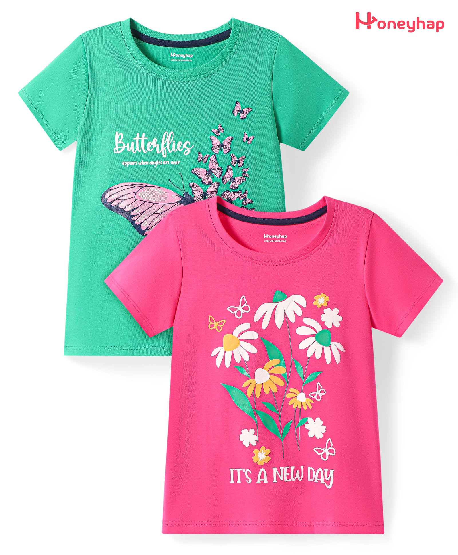 Honeyhap Premium Cotton Knit Half Sleeves T-Shirts With Floral Print Pack of 2 - Fandango Pink & Mint-picture-24