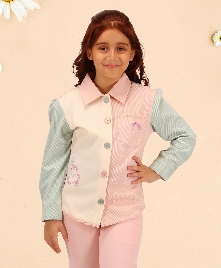 Cutecumber Full Sleeves Floral Embroidered Shirt Style Top - Peach-image-28
