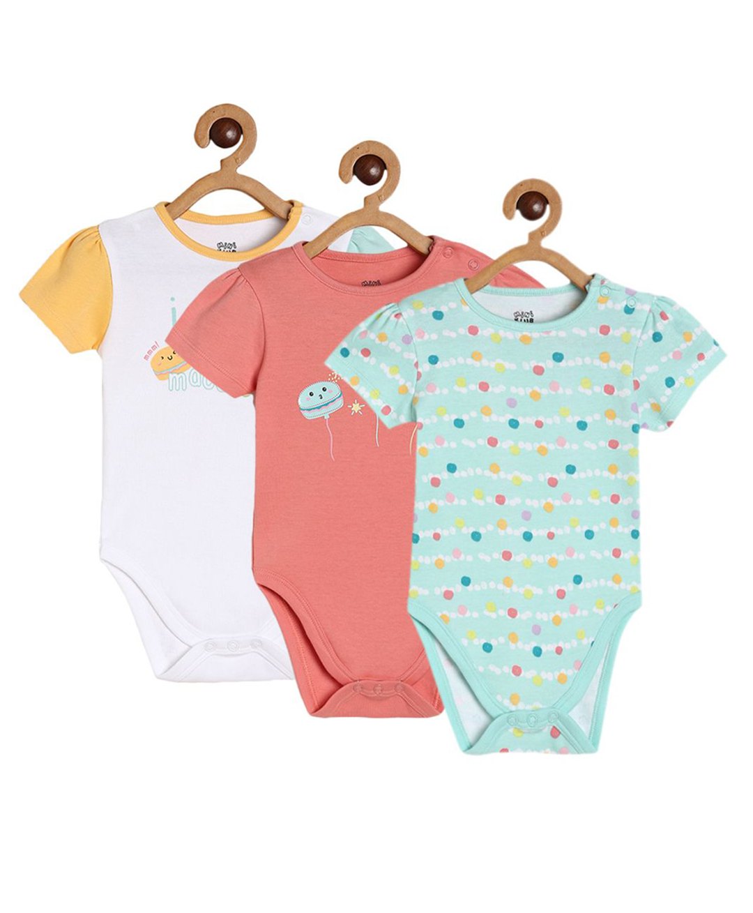 MINI KLUB Cotton Knit Pack Of 3 Half Sleeves Abstract & Macaroons Printed Onesies - Multi Colour-picture-19