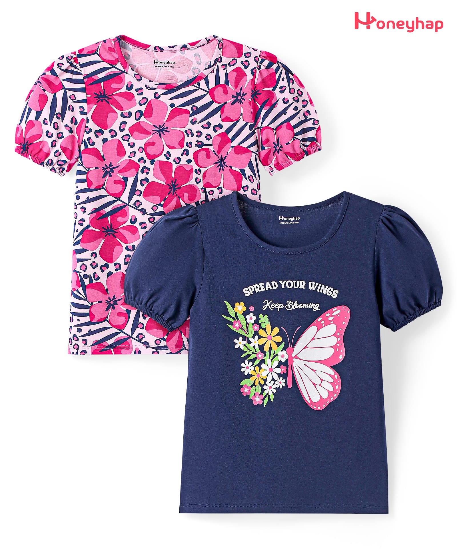 Honeyhap Premium Cotton Knit Half Sleeves Tops With Butterfly & Floral Print Pack of 2 - Mint & Fandango Pink-picture-2