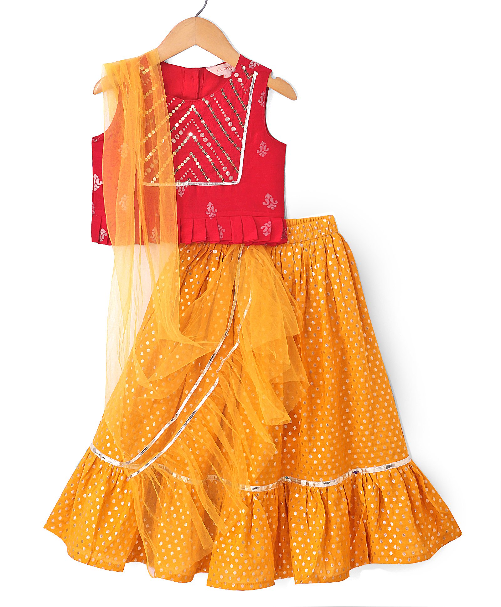 Lil Drama Sleeveless Foil Printed & Lace Embellished Lehenga Choli With Dupatta Set - Red &Yellow-image-36