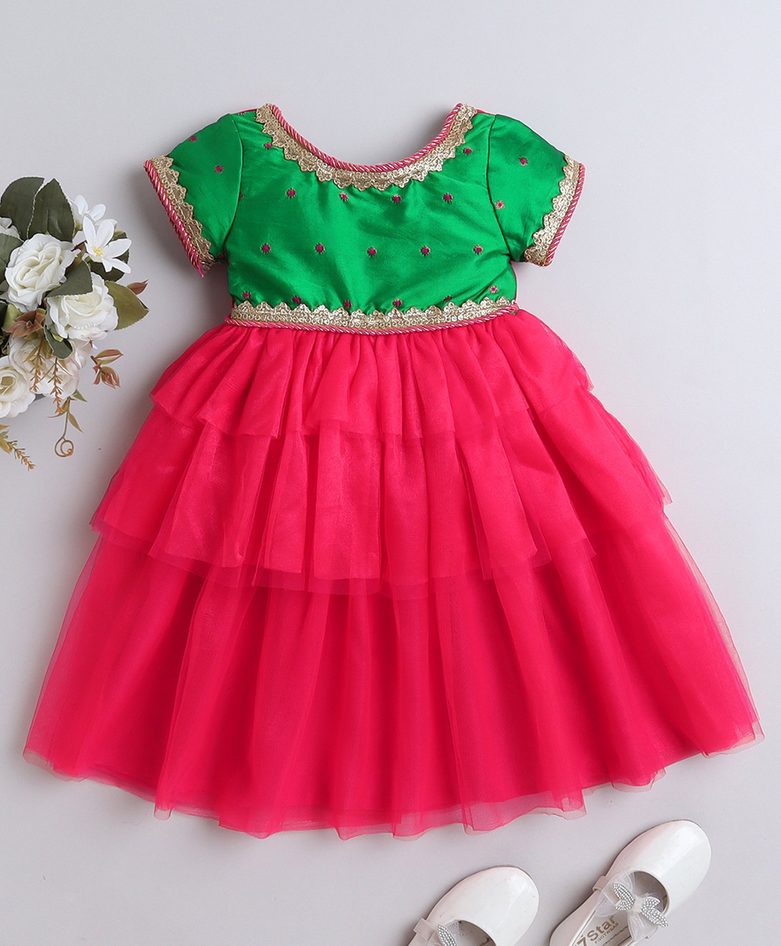 Many frocks & Net Half Sleeves Lace Embellished Layered Ethnic Gown - Pink & Green-image-21