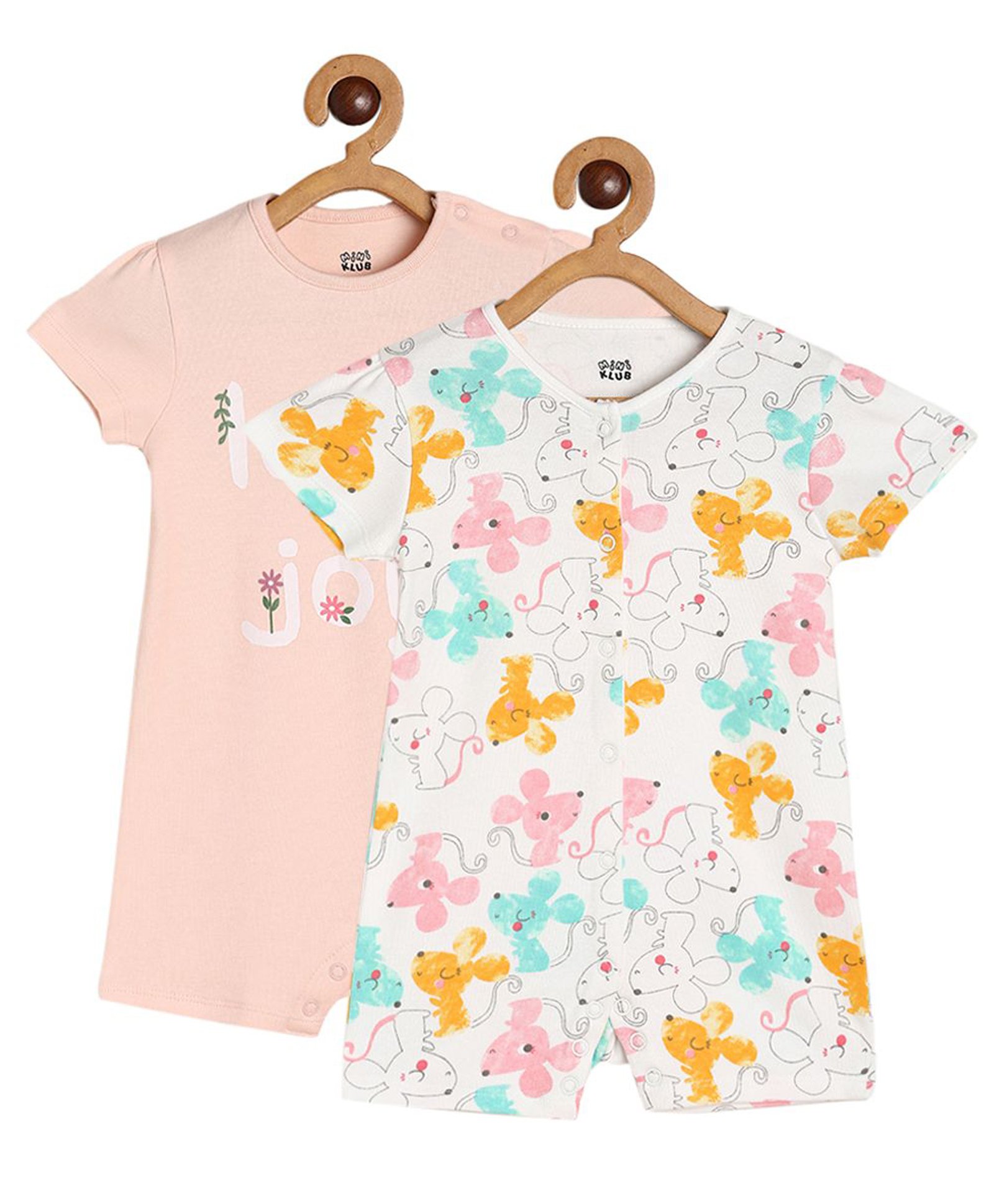 MINI KLUB Pack Of 2 Cotton Half Sleeves Floral & Mouse Printed Rompers - Multi Colour-picture-41