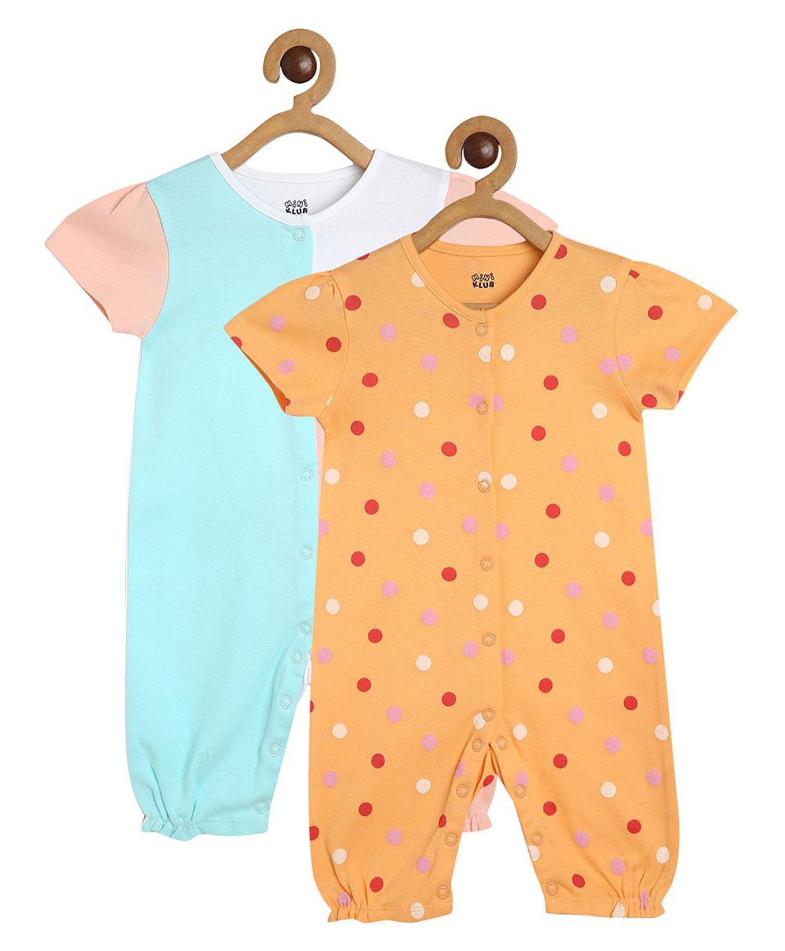 MINI KLUB Pack Of 2 Cotton Half Sleeves Colour Blocked & Polka Dots Printed Rompers - Multi Colour-image-12