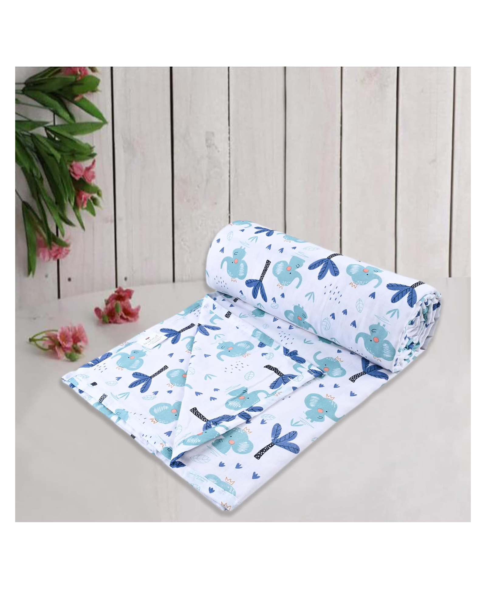 Trance Home Linen Pure Malmal Cotton Multipurpose Baby Dohar - Blue Elephant-picture-35