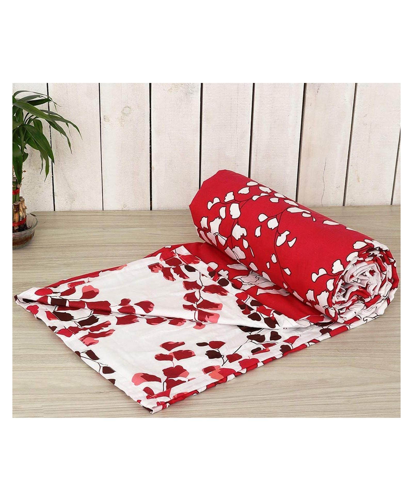 Trance Home Linen Pure Malmal Cotton Multipurpose Baby Dohar - Red White Abstract Leaves-picture-29