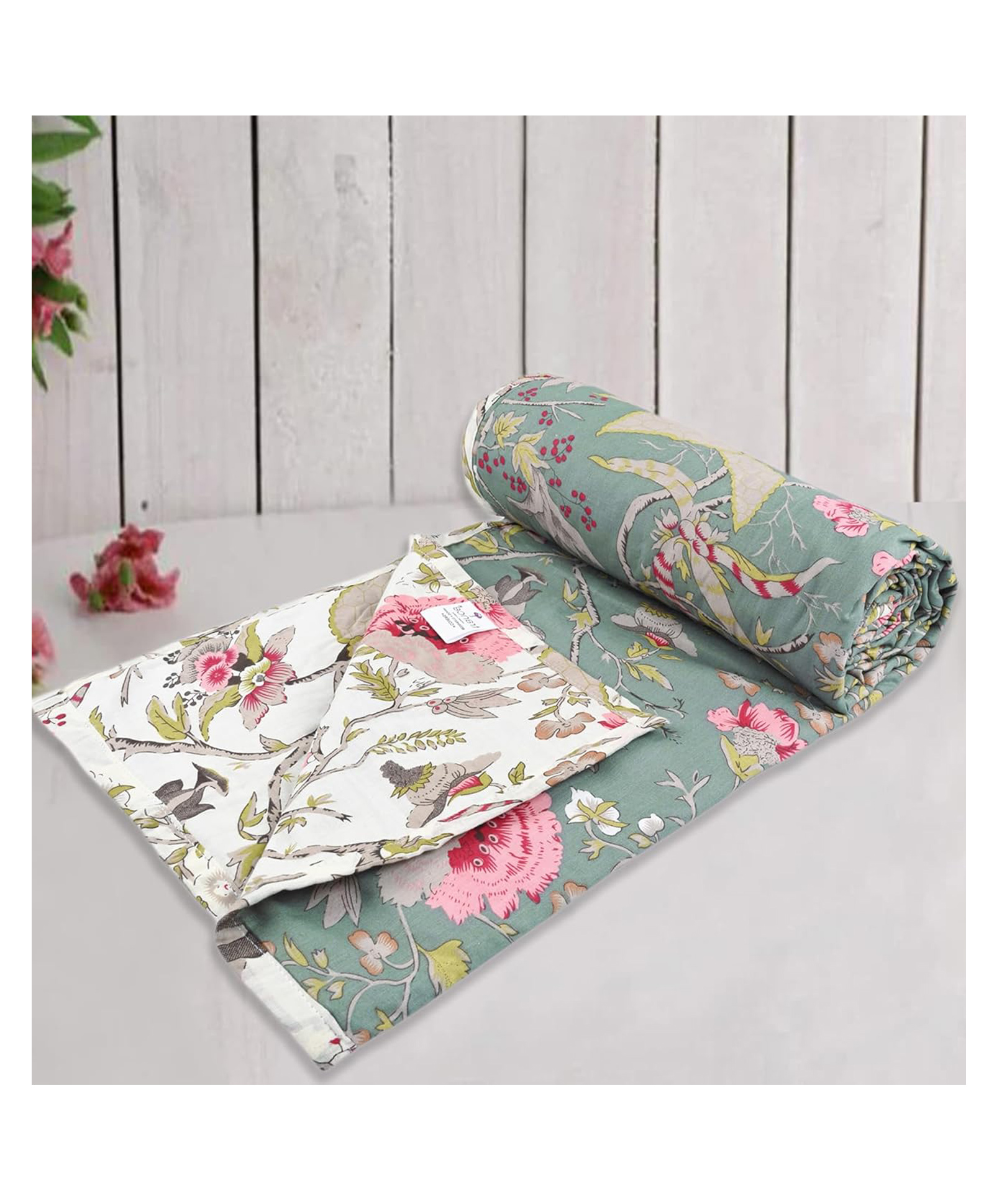 Trance Home Linen 100% Cotton Reversible Dohar Double Bed - Calicut Green-picture-22