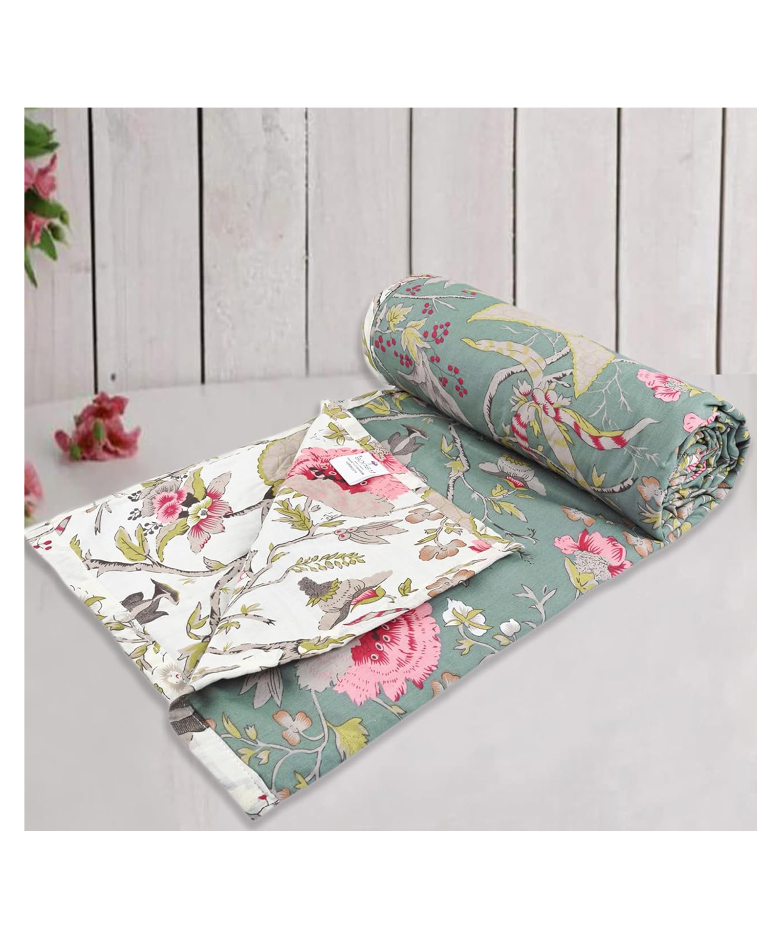 Trance Home Linen 100% Cotton Reversible Dohar Single Bed - Calicut Green-picture-45
