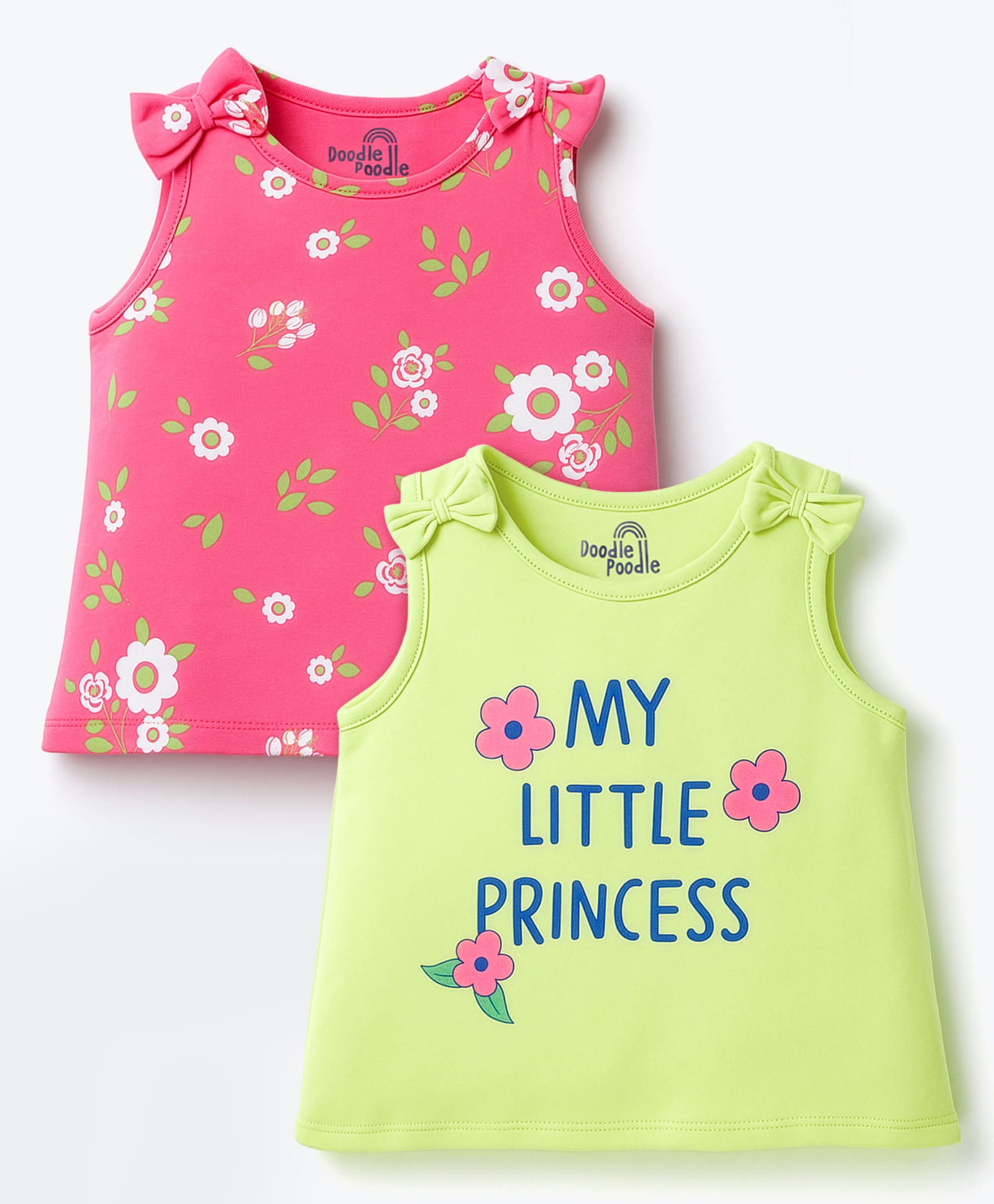 Doodle Poodle 100% Cotton Knit Sleeveless Floral Printed Tops with Bow Applique Pack of 2 - Pink & Limegreen-image-28
